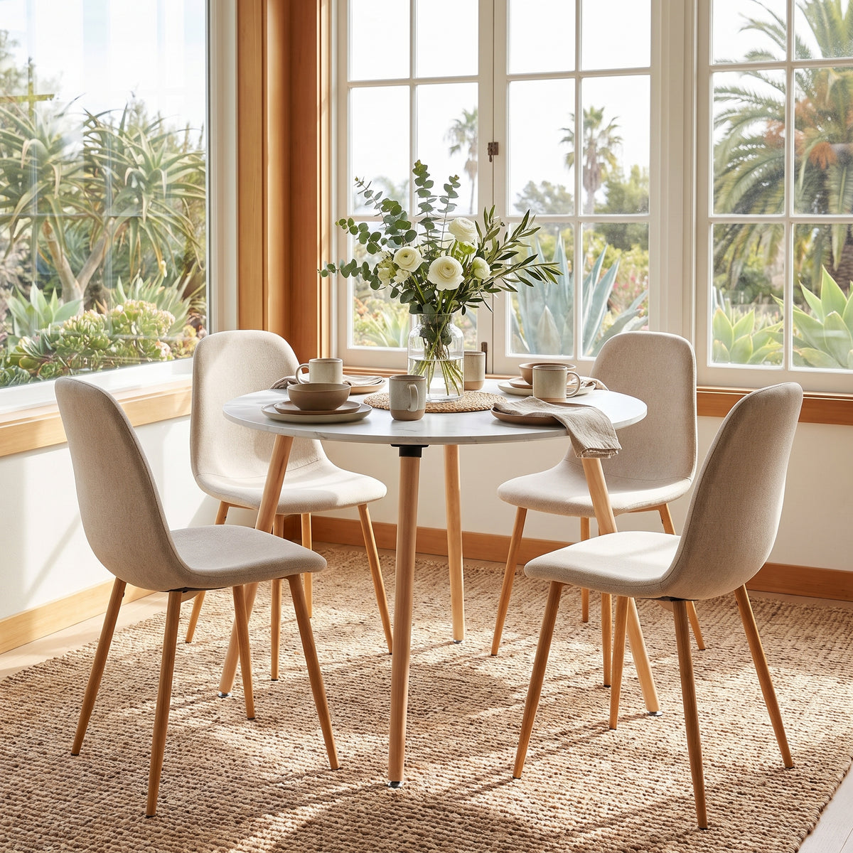 Homy Casa ROOKIE R+CHARLTON 5-Piece Round Dining Set, 31.5“ White Table with 4 Beige Upholstered Chairs and Natural Oak Legs Open Box