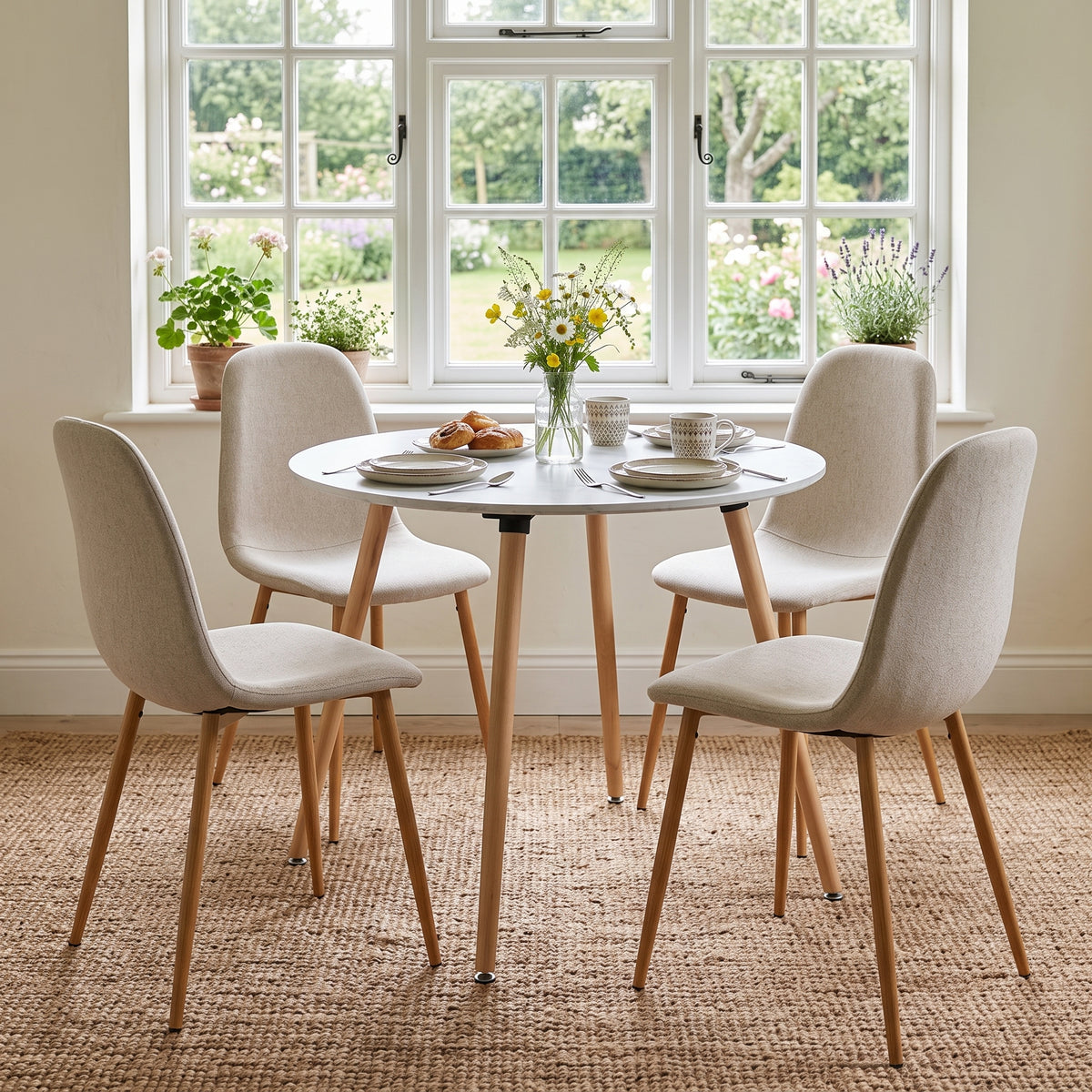 Homy Casa ROOKIE R+CHARLTON 5-Piece Round Dining Set, 31.5“ White Table with 4 Beige Upholstered Chairs and Natural Oak Legs Open Box