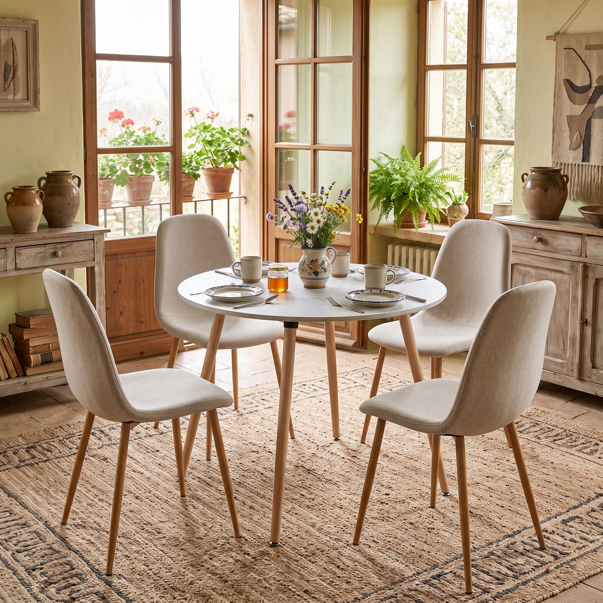 Homy Casa ROOKIE R+CHARLTON 5-Piece Round Dining Set, 31.5“ White Table with 4 Beige Upholstered Chairs and Natural Oak Legs Open Box