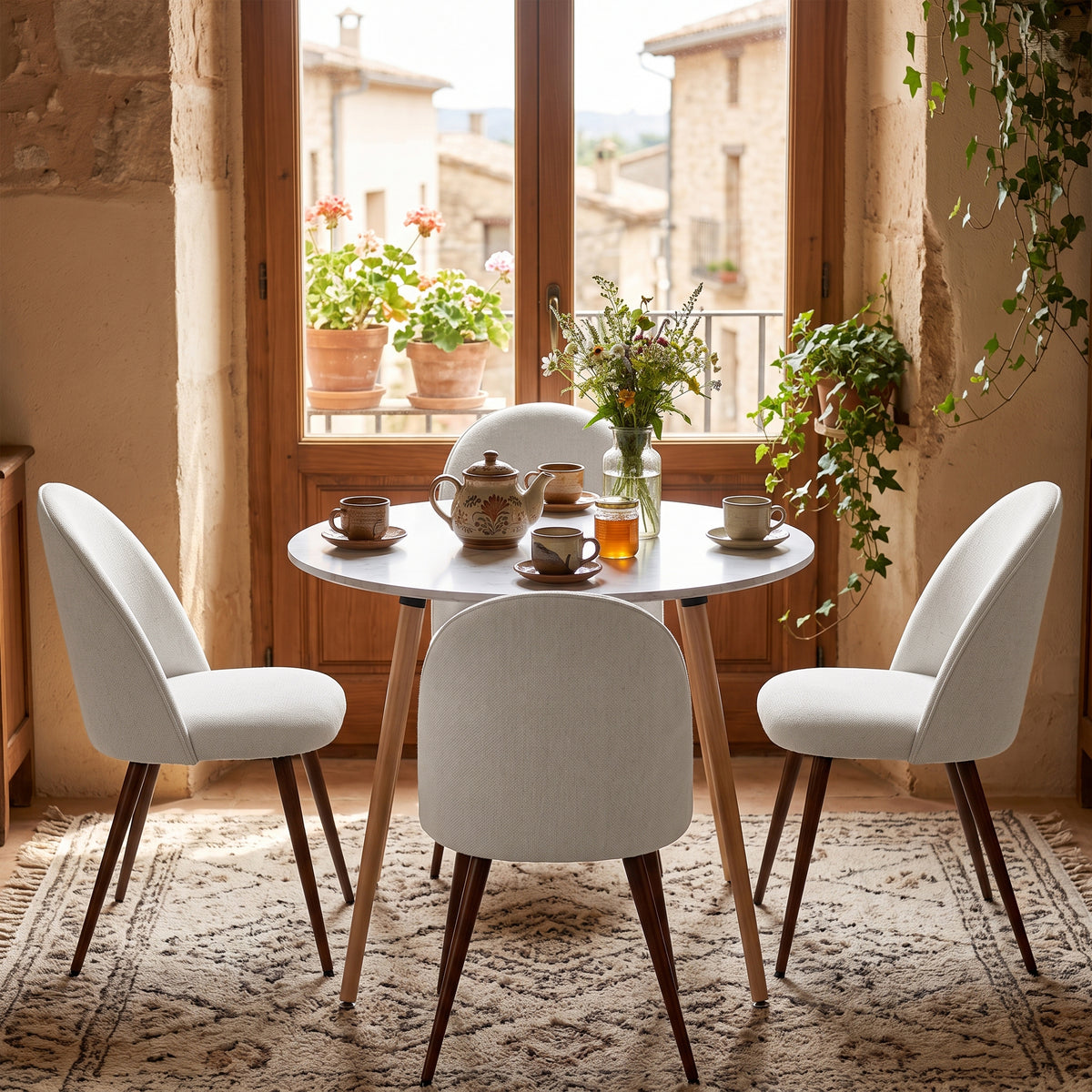 Homy Casa ROOKIE R+HAVEN 5-Piece 31.5” Round Dining Set with 4 Haven Beige Fabric Chairs with Open Box