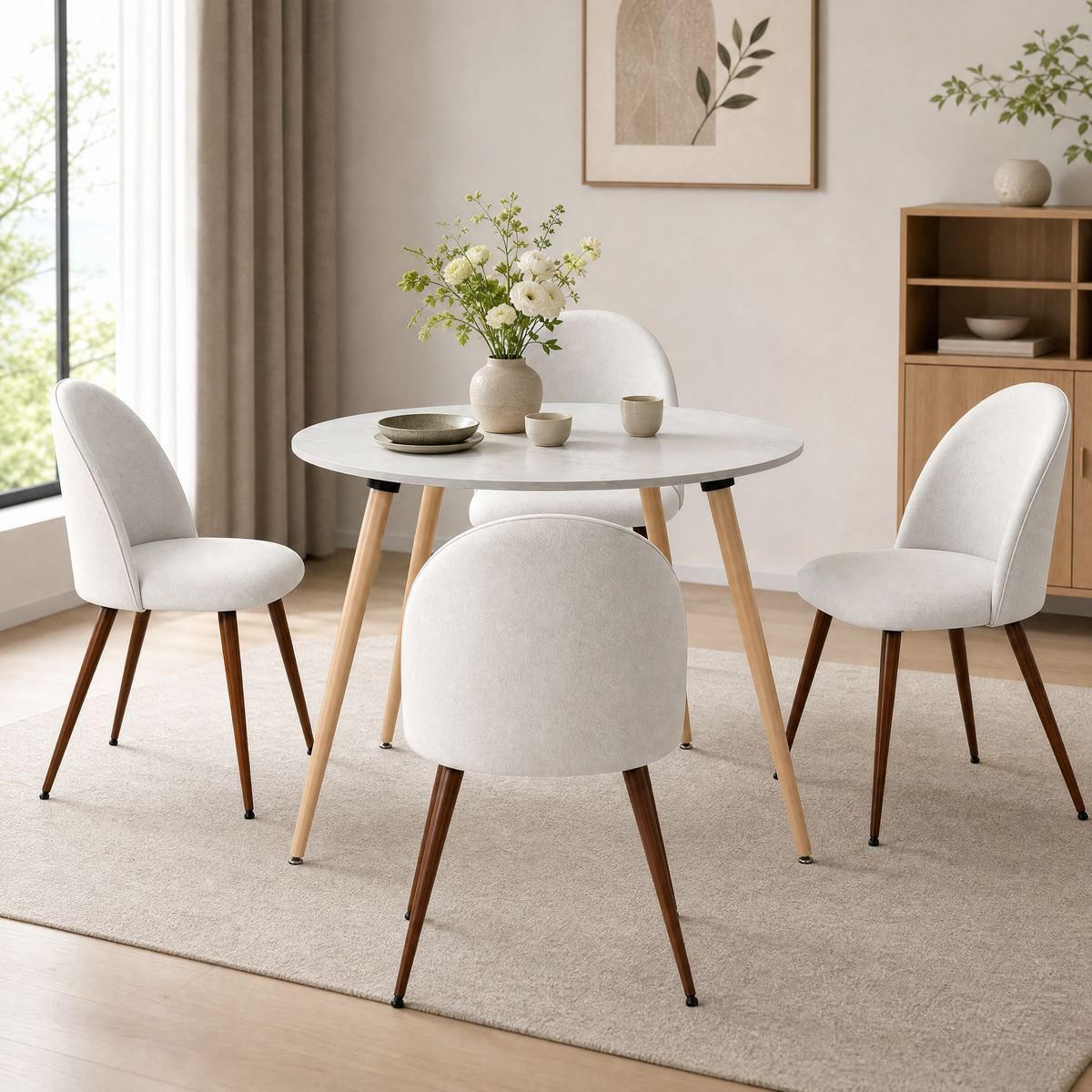 Homy Casa ROOKIE R+HAVEN 5-Piece 31.5” Round Dining Set with 4 Haven Beige Fabric Chairs with Open Box