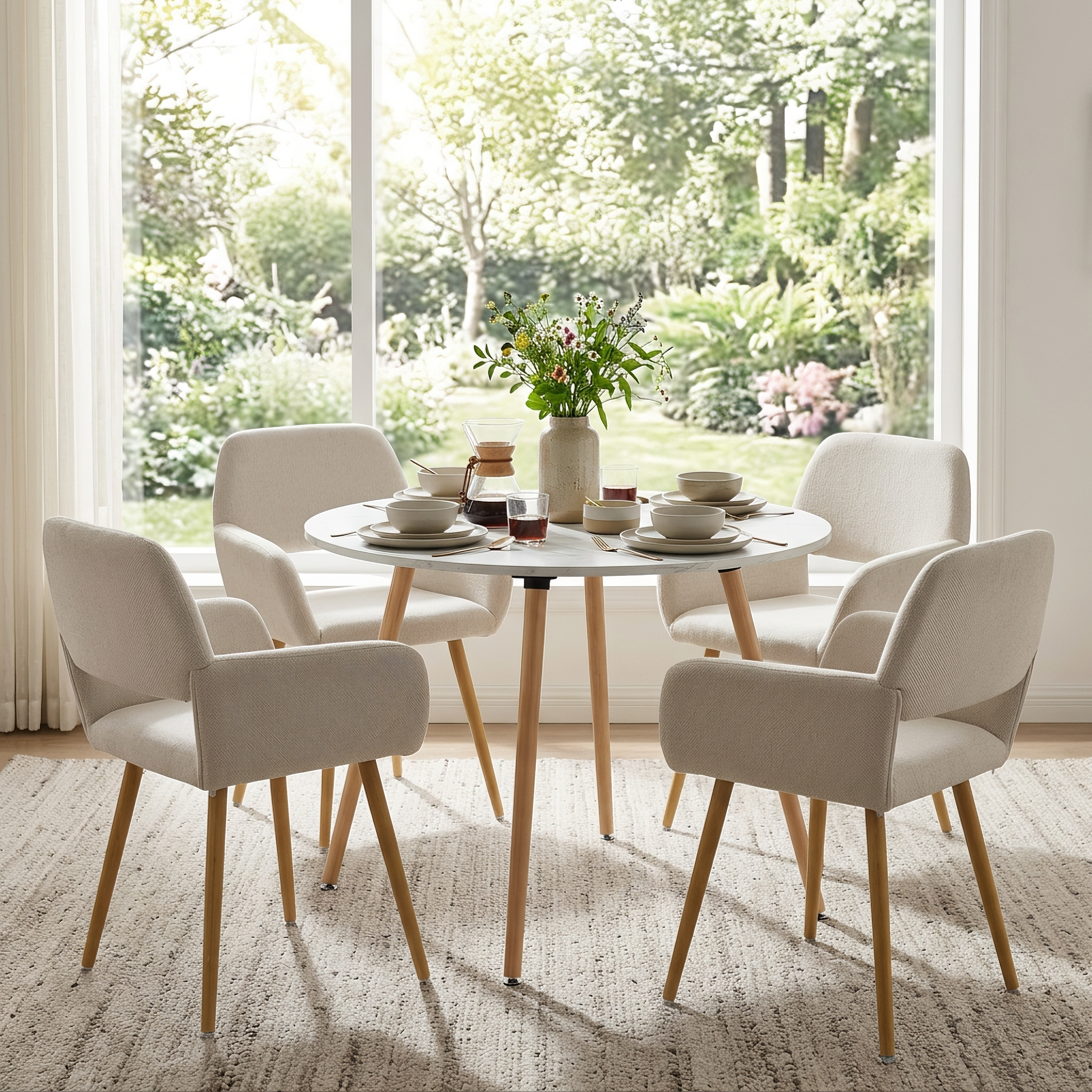 Homy Casa ROOKIE R+MAYFAIR 5-Piece Dining Set 31.5” Round White Dining Table with 4 Mayfair Beige Chairs Open Box