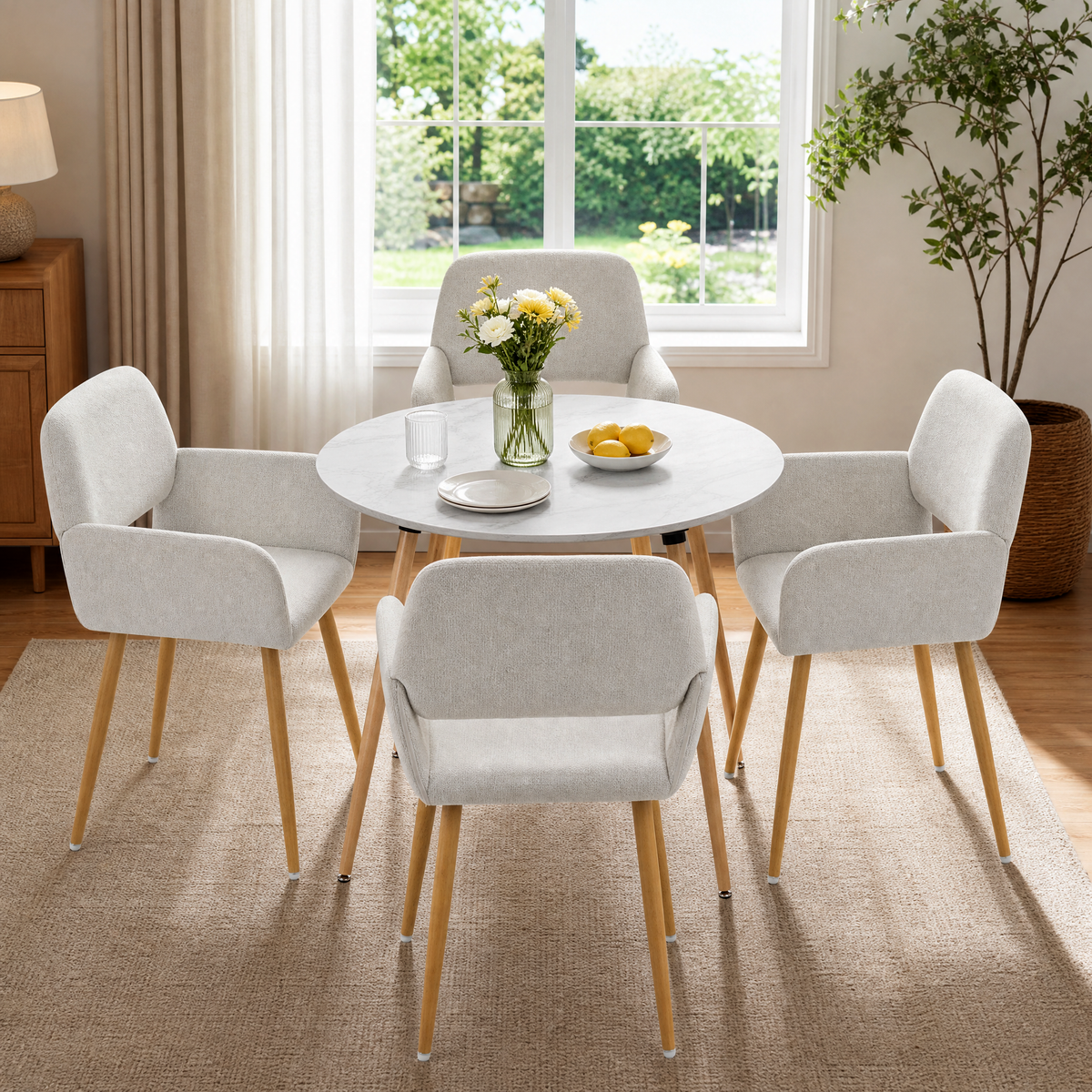 Homy Casa ROOKIE R+MAYFAIR 5-Piece Dining Set 31.5” Round White Dining Table with 4 Mayfair Beige Chairs Open Box