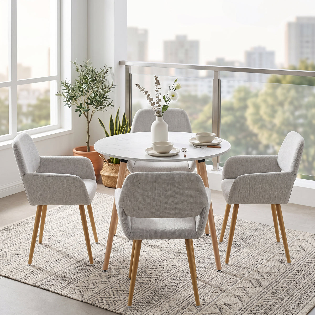 Homy Casa ROOKIE R+MAYFAIR 5-Piece Dining Set 31.5” Round White Dining Table with 4 Mayfair Beige Chairs Open Box