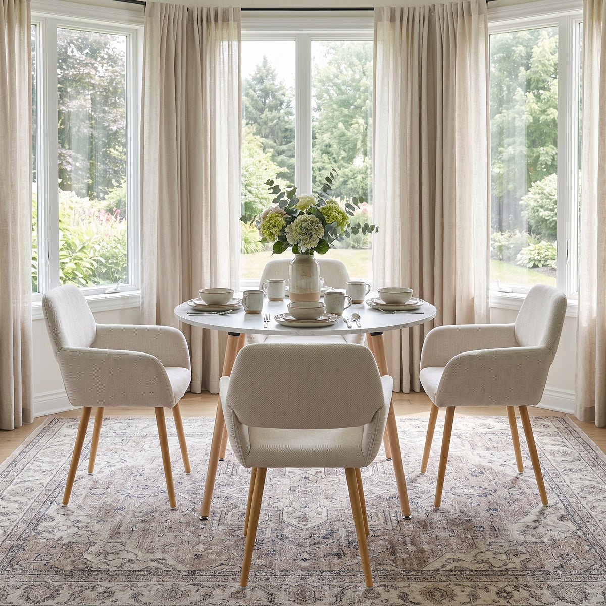 Homy Casa ROOKIE R+MAYFAIR 5-Piece Dining Set 31.5” Round White Dining Table with 4 Mayfair Beige Chairs Open Box