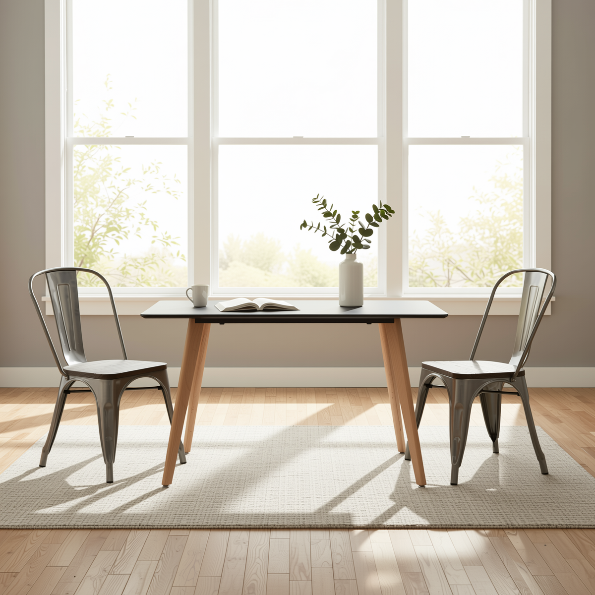 Homy Casa ROOKIE+KRICOX 3PC Dining Set 43.3” Rectangular Table with 2 Silver Wood Dining Chairs in Black & Transparent Open Box