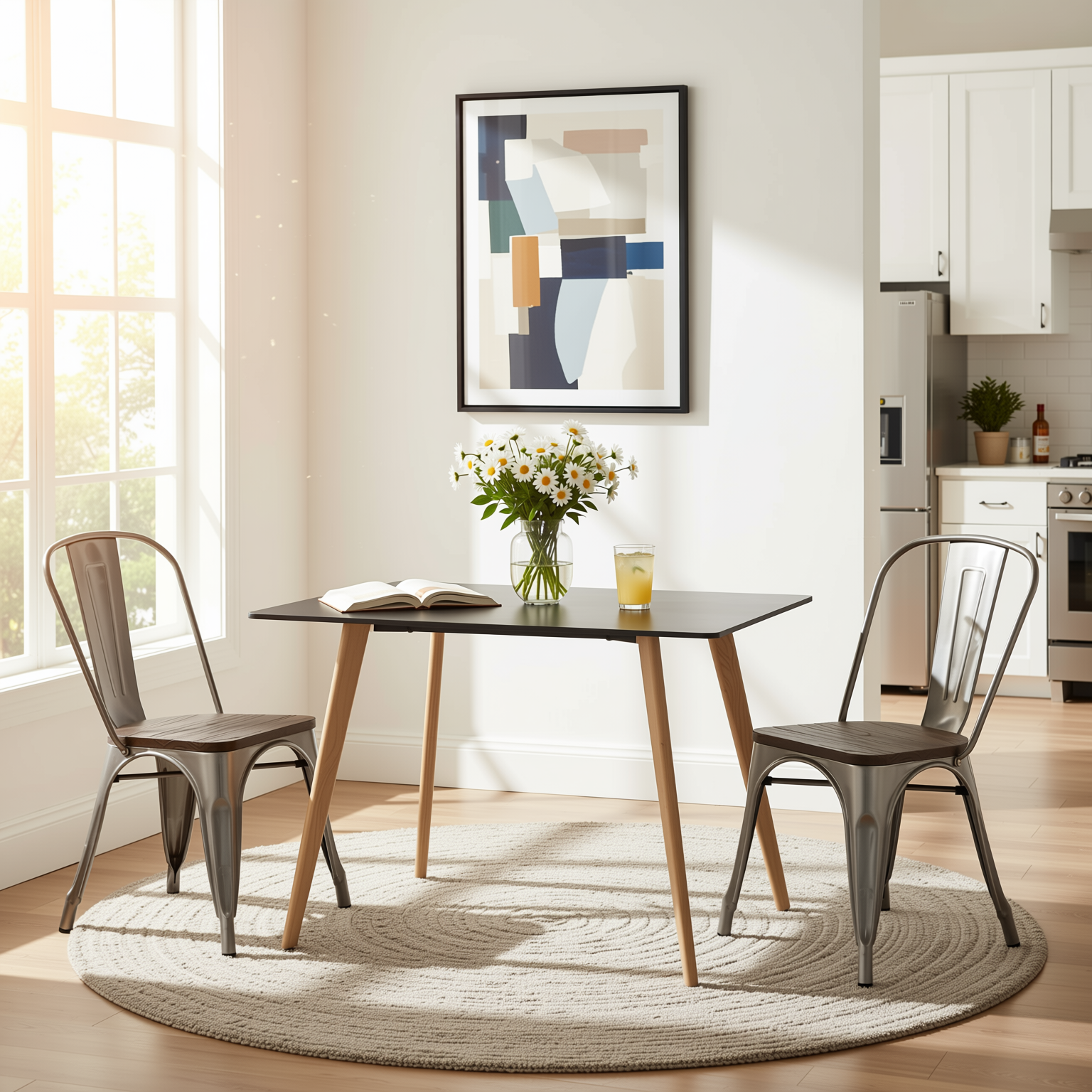 Homy Casa ROOKIE+KRICOX 3PC Dining Set 43.3” Rectangular Table with 2 Silver Wood Dining Chairs in Black & Transparent Open Box