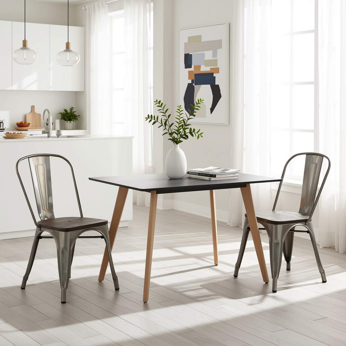 Homy Casa ROOKIE+KRICOX 3PC Dining Set 43.3” Rectangular Table with 2 Silver Wood Dining Chairs in Black & Transparent Open Box