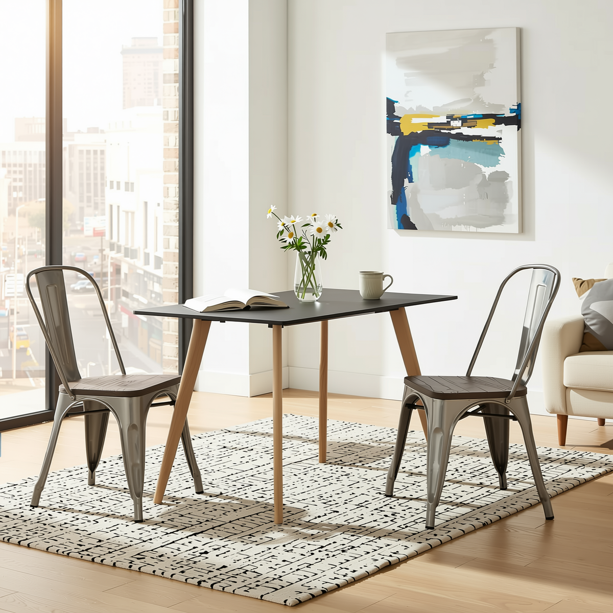 Homy Casa ROOKIE+KRICOX 3PC Dining Set 43.3” Rectangular Table with 2 Silver Wood Dining Chairs in Black & Transparent Open Box