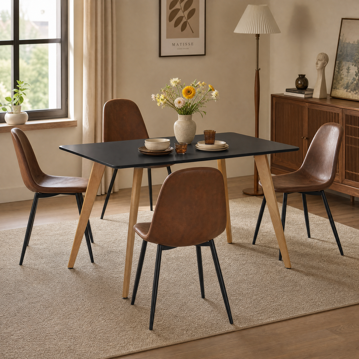 Homy Casa ROOKIE S+CHARLTON 5-Piece Dining Set, 43.3" Black Table with 4 Brown Faux Suede Chairs Open Box