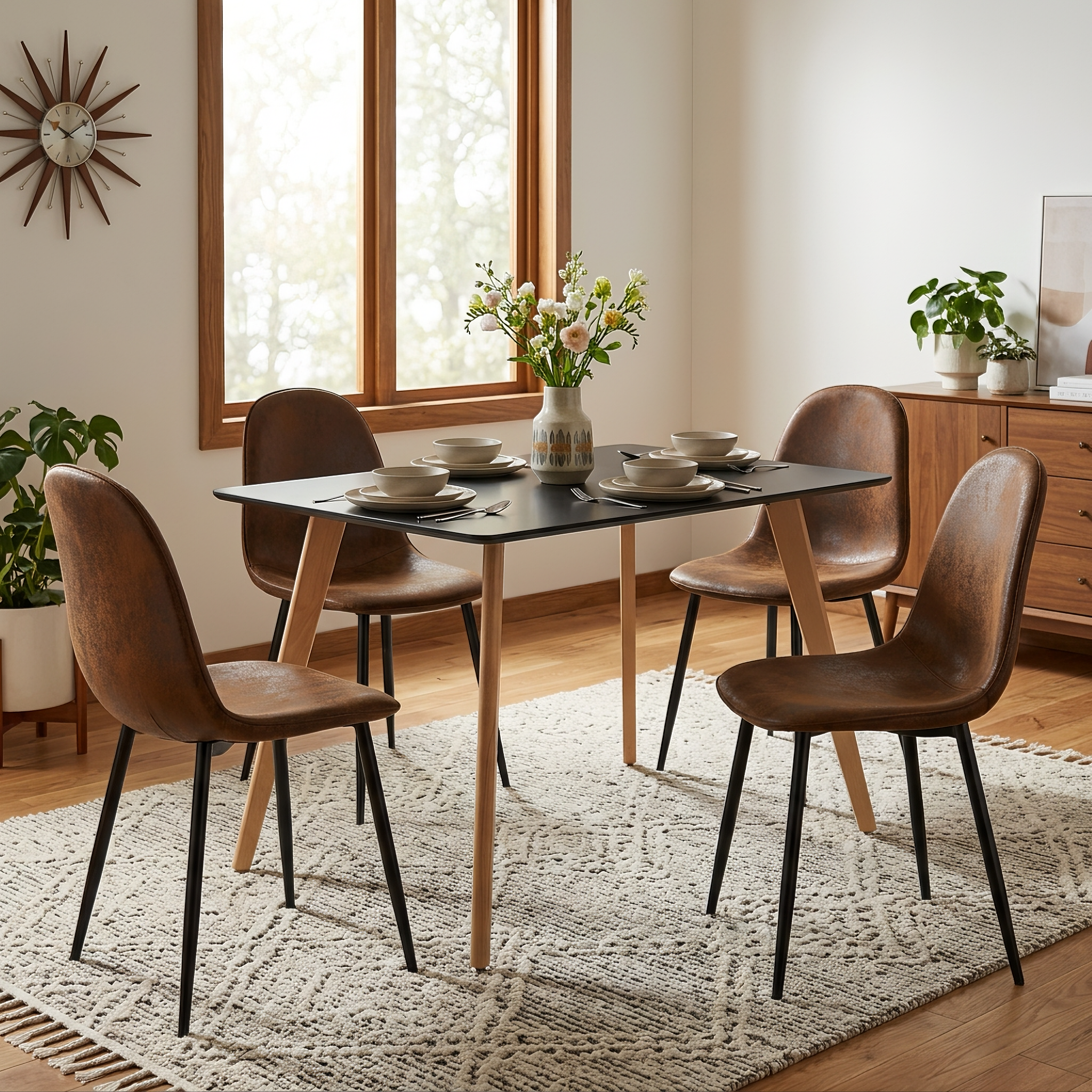 Homy Casa ROOKIE S+CHARLTON 5-Piece Set 43.3" Black Dining Table with CHARLTON Brown Suede Dining Chairs Open Box