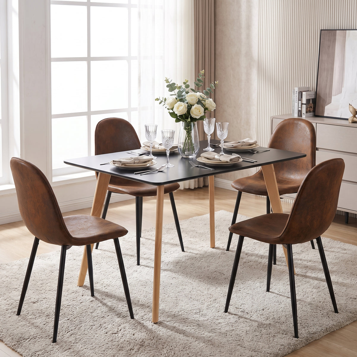 Homy Casa ROOKIE S+CHARLTON 5-Piece Set 43.3" Black Dining Table with CHARLTON Brown Suede Dining Chairs Open Box