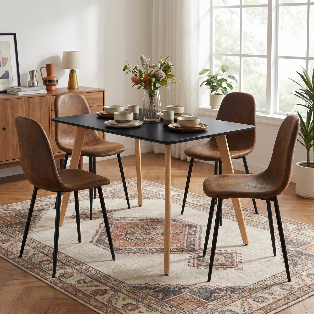 Homy Casa ROOKIE S+CHARLTON 5-Piece Dining Set, 43.3-Inch Black Table with 4 Dark Brown Suede Chairs Open Box