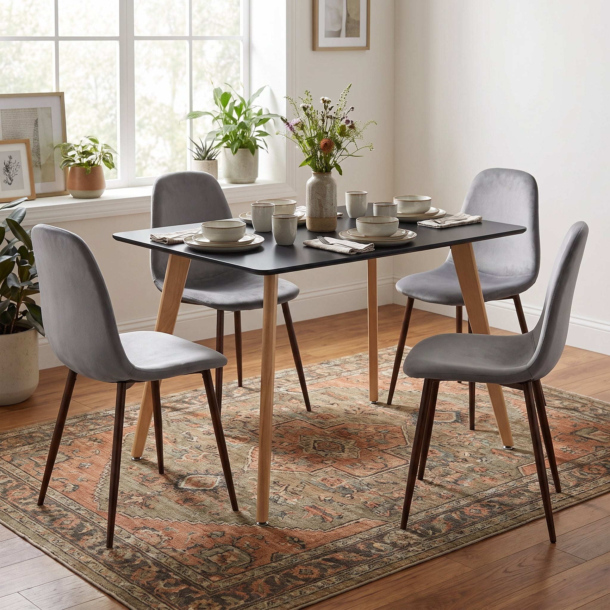 Homy Casa ROOKIE S+CHARLTON 5-Piece Dining Set 43.3" Black Table with 4 Gray Upholstered Chairs Open Box