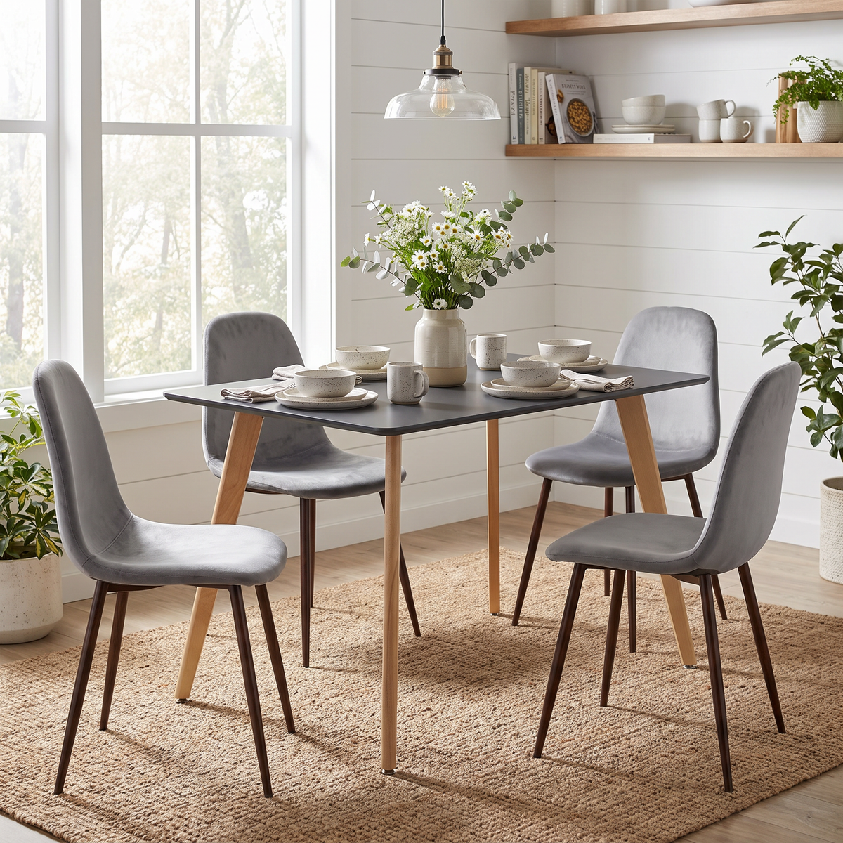 Homy Casa ROOKIE S+CHARLTON 5-Piece Dining Set 43.3" Black Table with 4 Gray Upholstered Chairs Open Box
