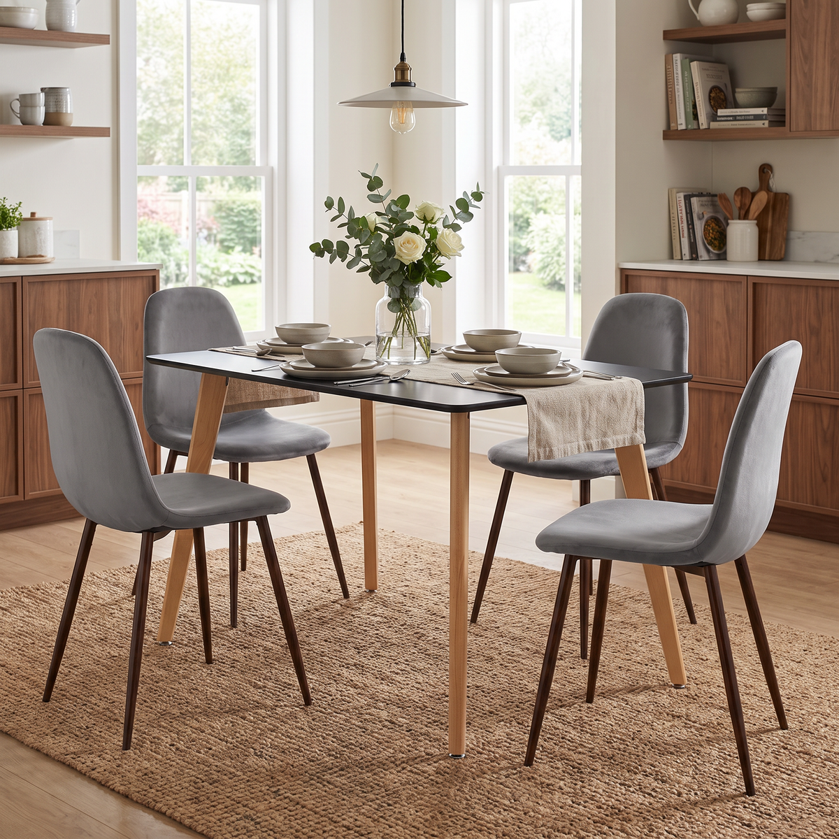 Homy Casa ROOKIE S+CHARLTON 5-Piece Dining Set 43.3" Black Table with 4 Gray Upholstered Chairs Open Box