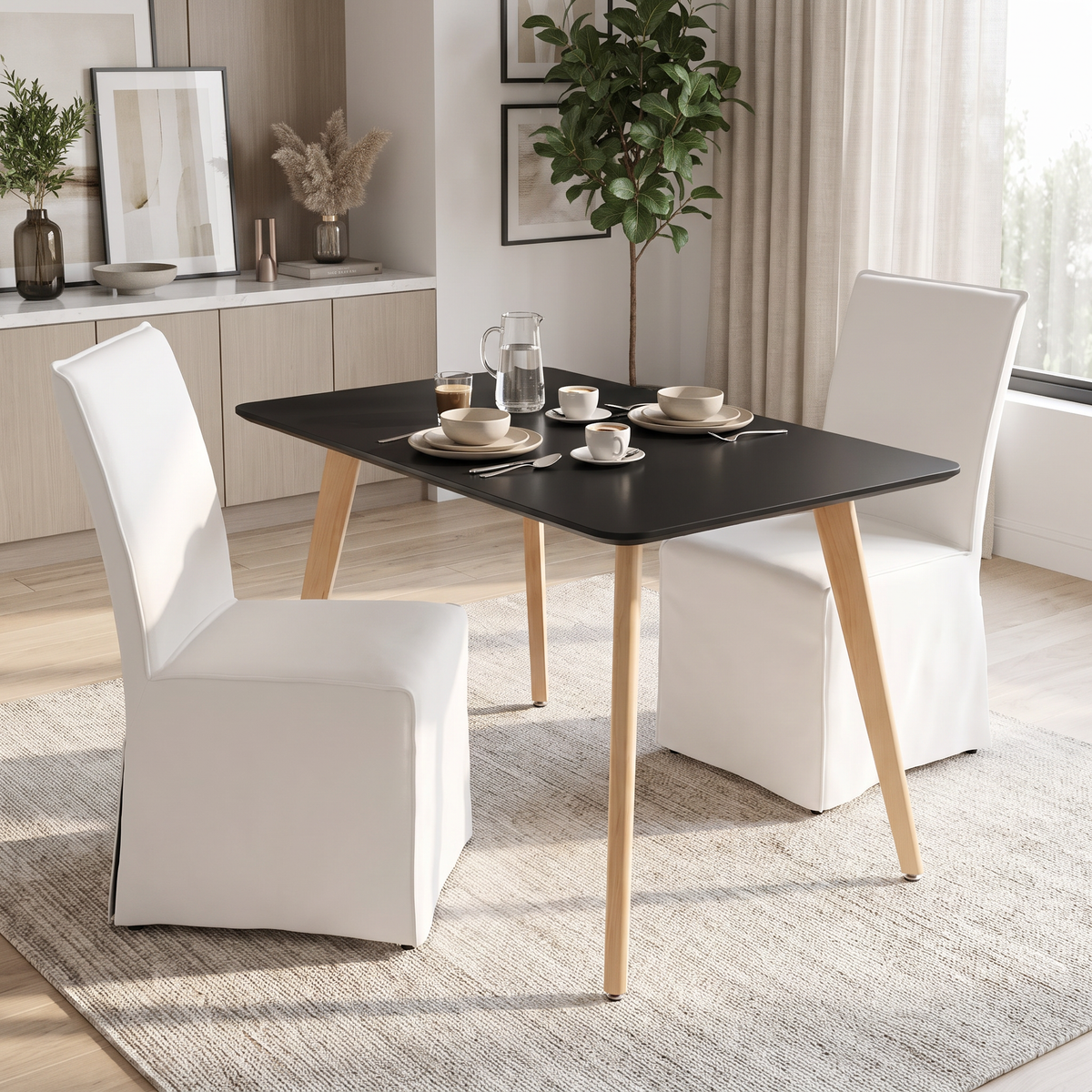 Homy Casa ROOKIE + ELVO Beige 3PC 43.3" Black Dining Set with 2 Beige Chairs for Kitchen & Dining Room Open Box