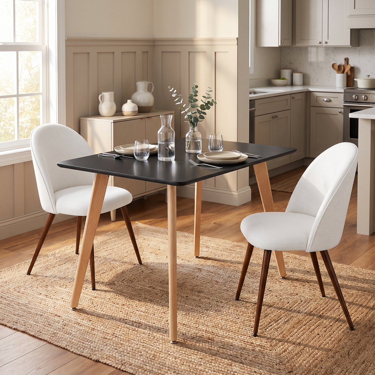 Homy Casa ROOKIE + HAVEN Beige 3PC 43.3" Black Dining Set with 2 Beige Chairs for Kitchen & Dining Room Open Box