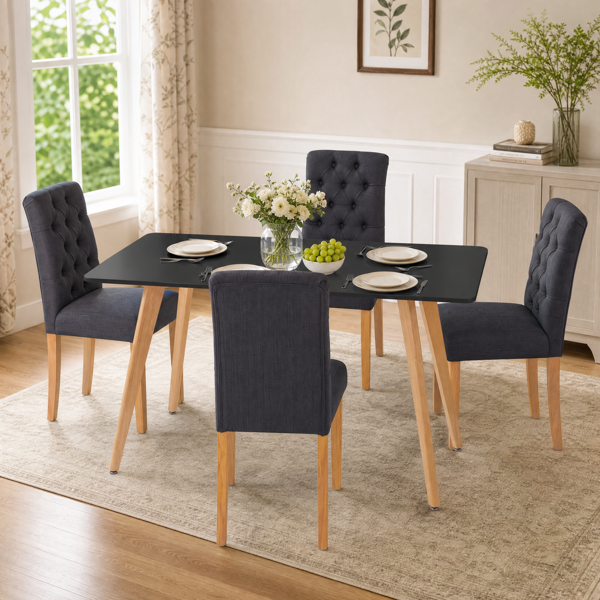 Homy Casa ROOKIE S+LUCETTA 5-Piece Dining Set, 43.3-Inch Black Table with Beech Legs and 4 Upholstered Chairs Open Box