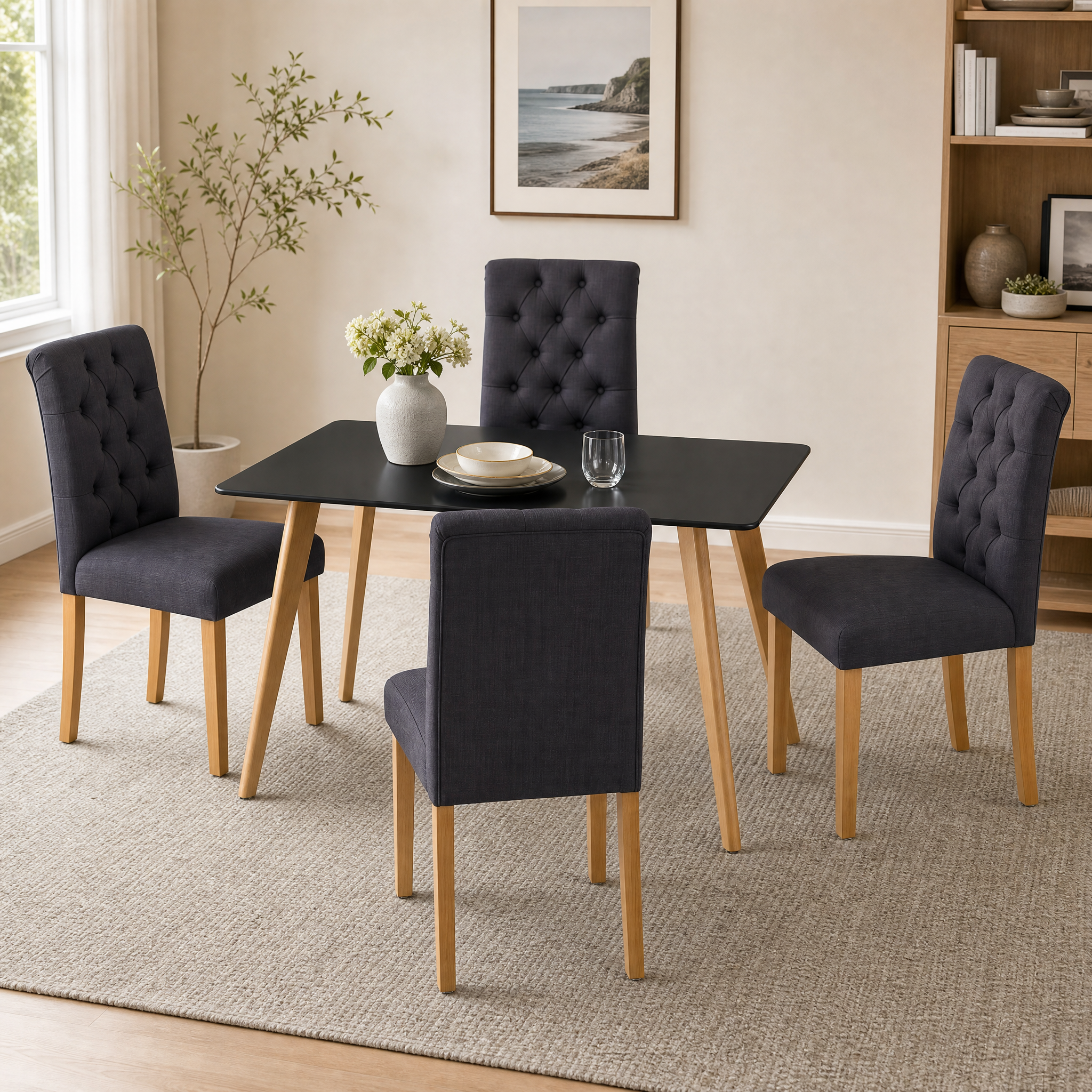 Homy Casa ROOKIE S+LUCETTA 5-Piece Dining Set, 43.3-Inch Black Table with Beech Legs and 4 Upholstered Chairs Open Box