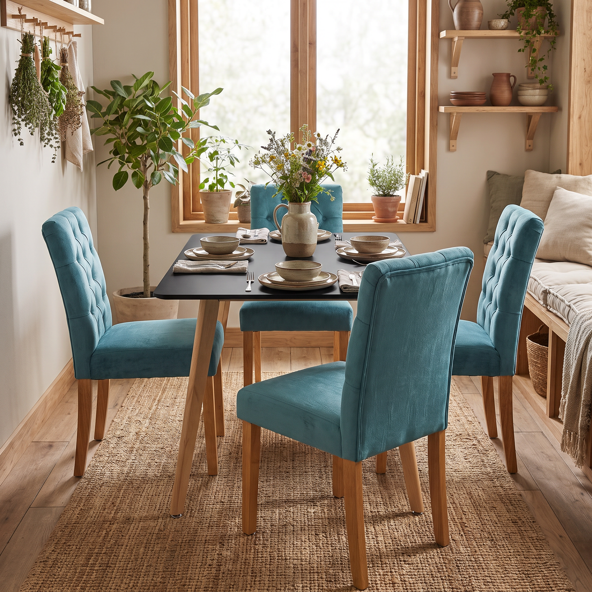 Homy Casa ROOKIE S+LUCETTA 5-Piece Dining Set, 43.3" Black Table with 4 Green Upholstered Chairs Open Box