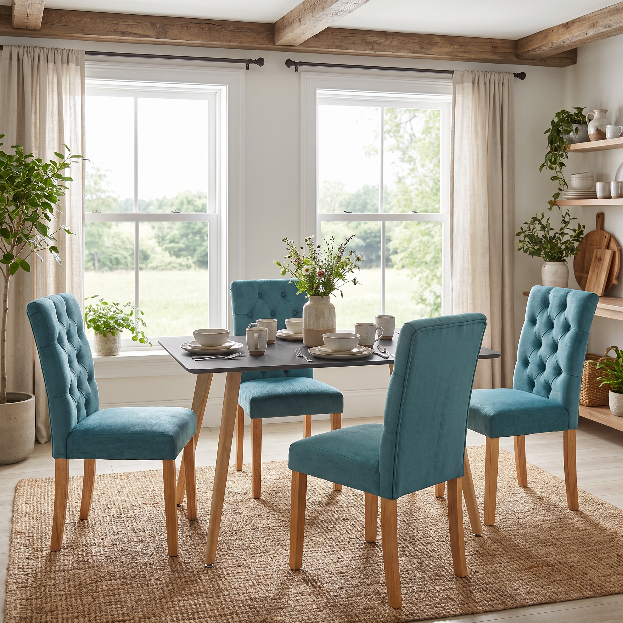 Homy Casa ROOKIE S+LUCETTA 5-Piece Dining Set, 43.3" Black Table with 4 Green Upholstered Chairs Open Box
