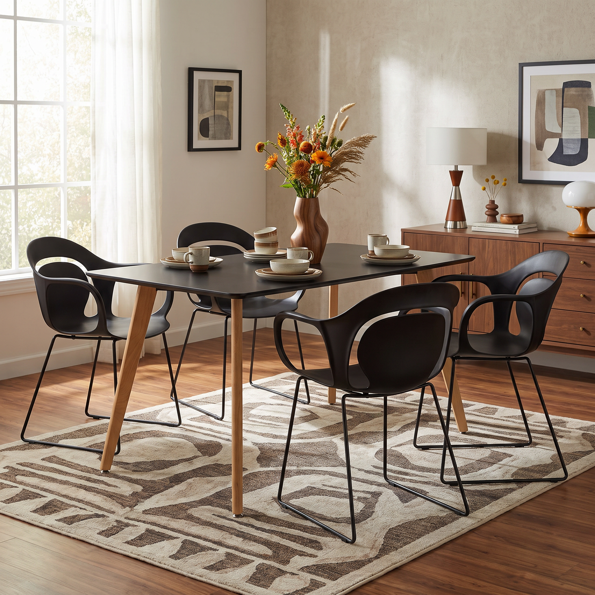 Homy Casa ROOKIE S+PHIL 5-Piece Black Dining Set with 43.3" Square Leg Table and 4 Chairs Open Box