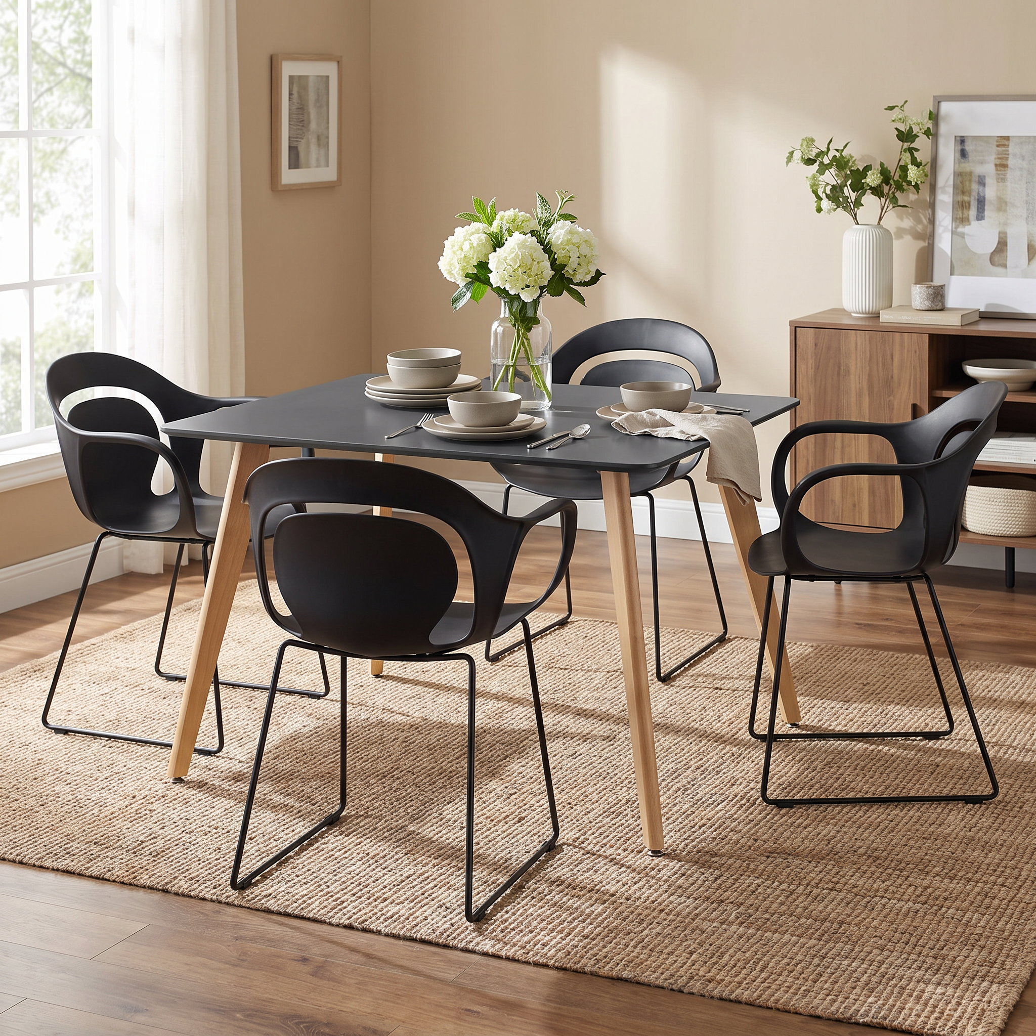 Homy Casa ROOKIE S+PHIL 5-Piece Black Dining Set with 43.3" Square Leg Table and 4 Chairs Open Box