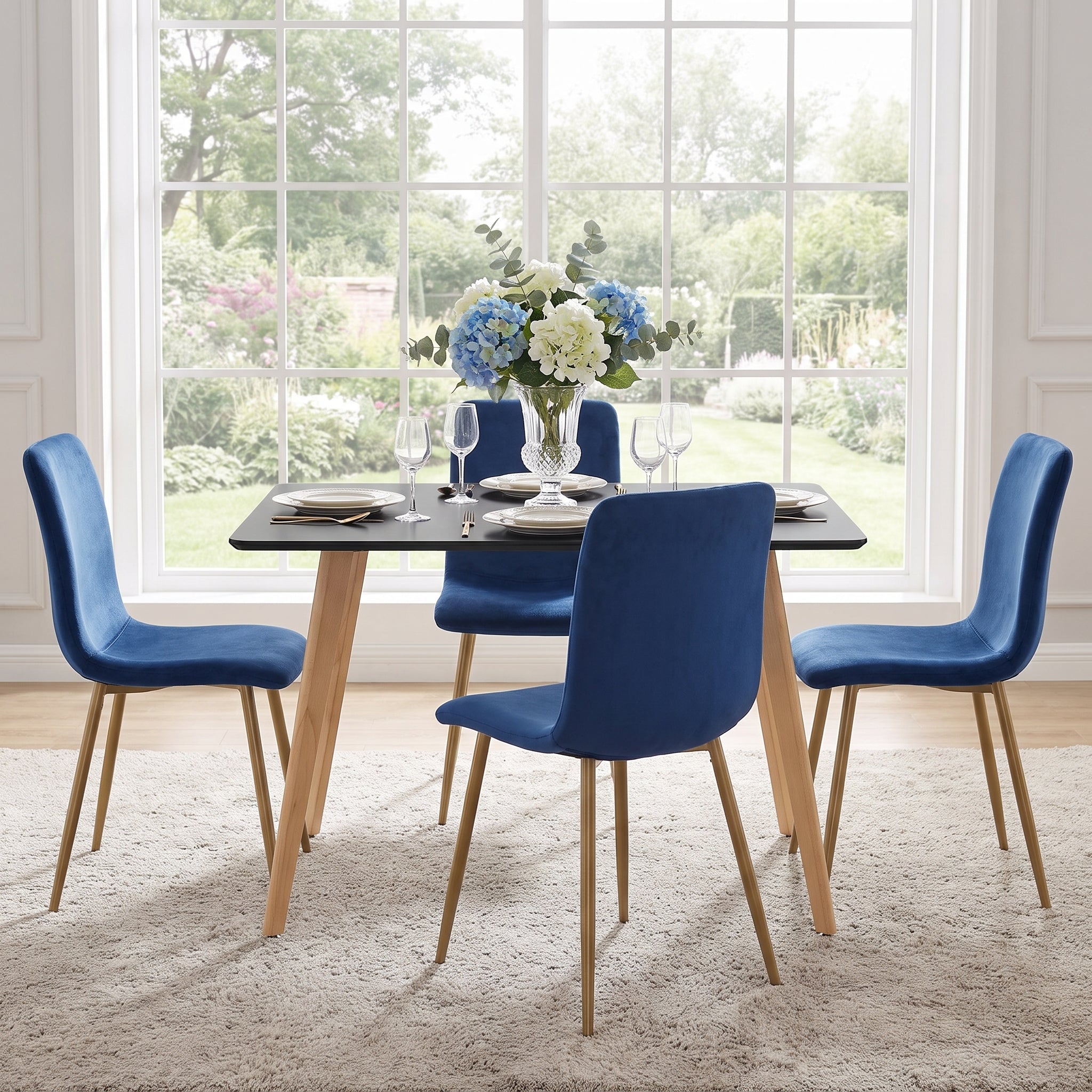 Homy Casa ROOKIE S+SCARGILL 5-Piece Dining Set, 43.3-Inch Black Table with 4 Blue Upholstered Chairs and Gold Frames Open Box