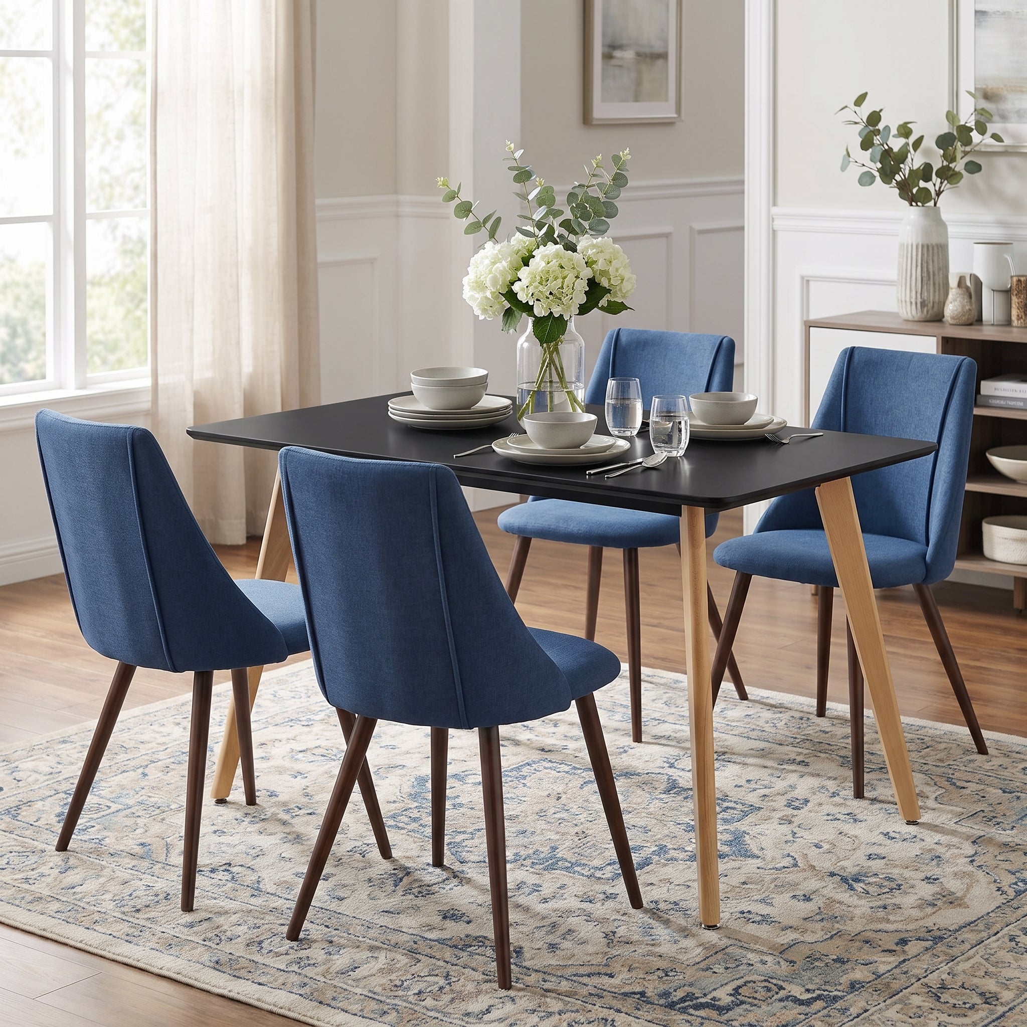 Homy Casa ROOKIE S+SMEG 5-Piece Dining Set Black 43.3" Dining Table with 4 Dark Blue Square-Leg Chairs Open Box