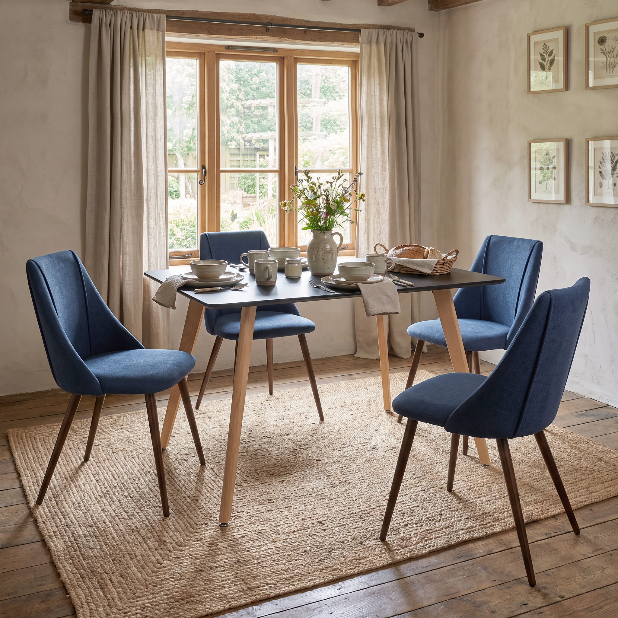 Homy Casa ROOKIE S+SMEG 5-Piece Dining Set Black 43.3" Dining Table with 4 Dark Blue Square-Leg Chairs Open Box
