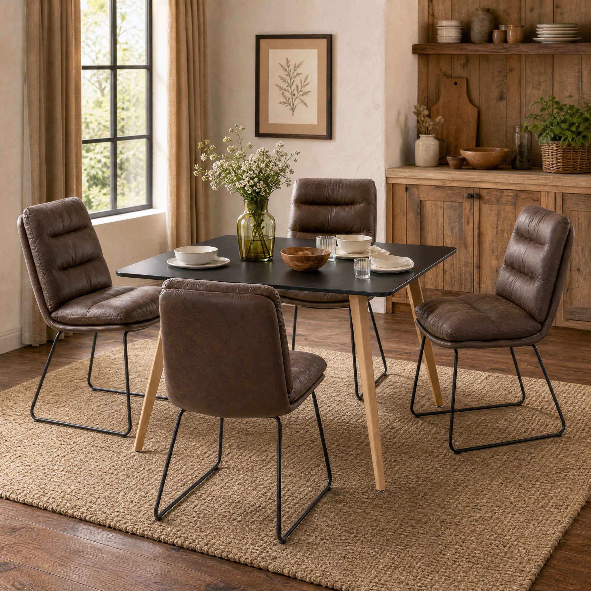Homy Casa ROOKIE S+STEFFEN 5-Piece Dining Set 43.3" Black Dining Table with 4 Steffen Brown Chairs Open Box