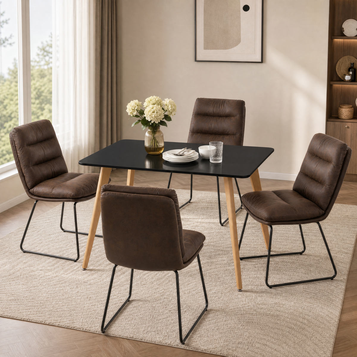 Homy Casa ROOKIE S+STEFFEN 5-Piece Dining Set 43.3" Black Dining Table with 4 Steffen Brown Chairs Open Box
