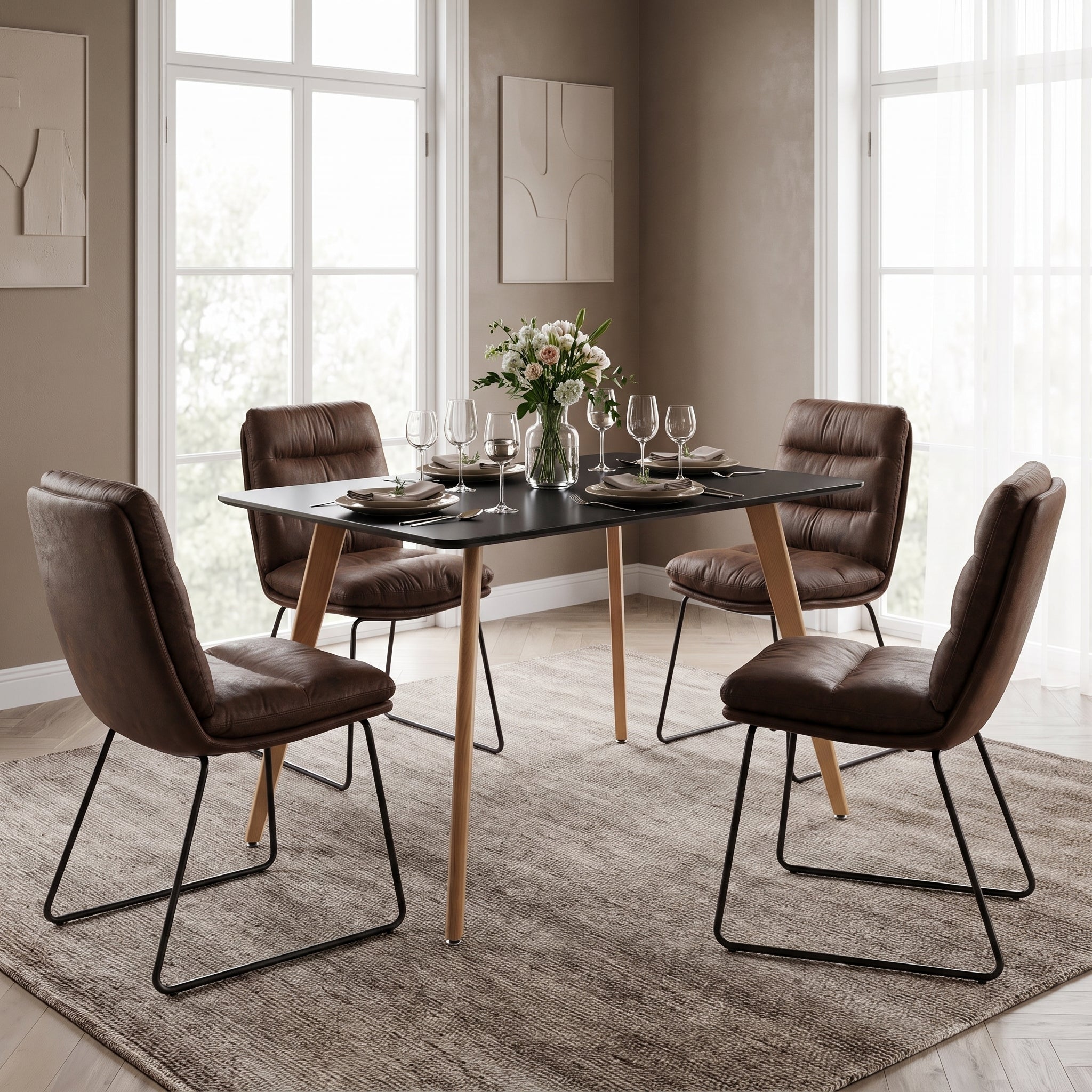 Homy Casa ROOKIE S+STEFFEN 5-Piece Dining Set 43.3" Black Dining Table with 4 Steffen Brown Chairs Open Box