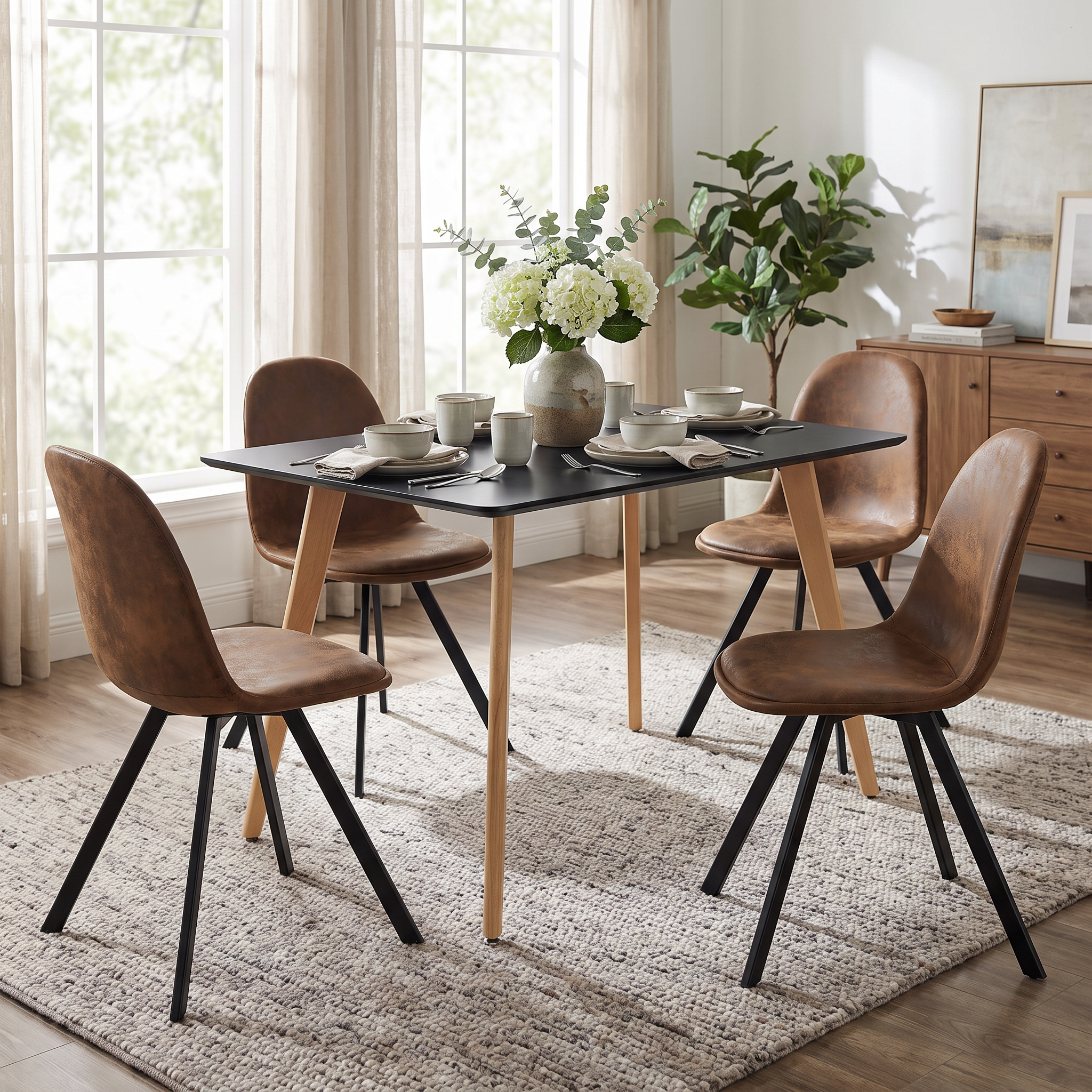 Homy Casa ROOKIE S+SUNFLOWER 5-Piece Dining Set with Black Table and 4 Brown Swivel Suede Chairs Open Box