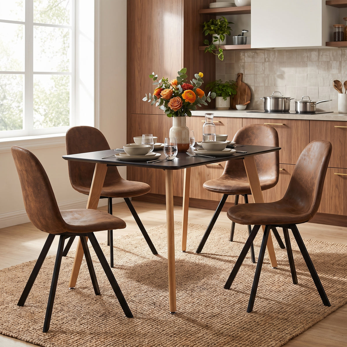 Homy Casa ROOKIE S+SUNFLOWER 5-Piece Dining Set with Black Table and 4 Brown Swivel Suede Chairs Open Box