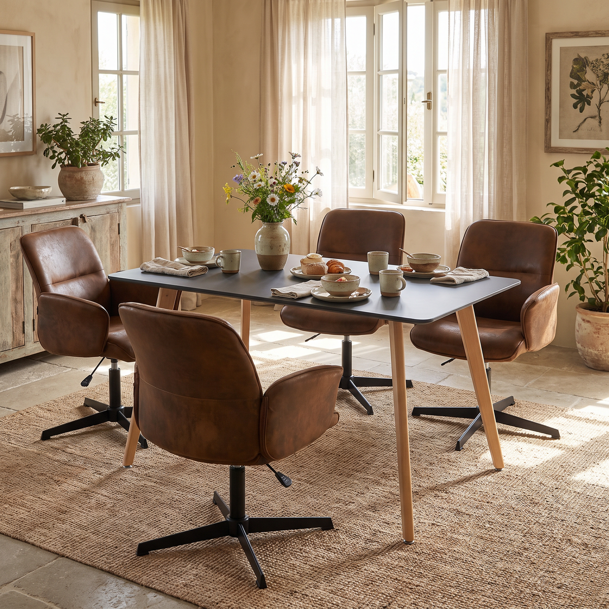Homy Casa ROOKIE S+THOMASINA 5PC Dining Set 43.3" Table with 4 Thomasina Swivel Dining Chairs in Black and Brown Open Box