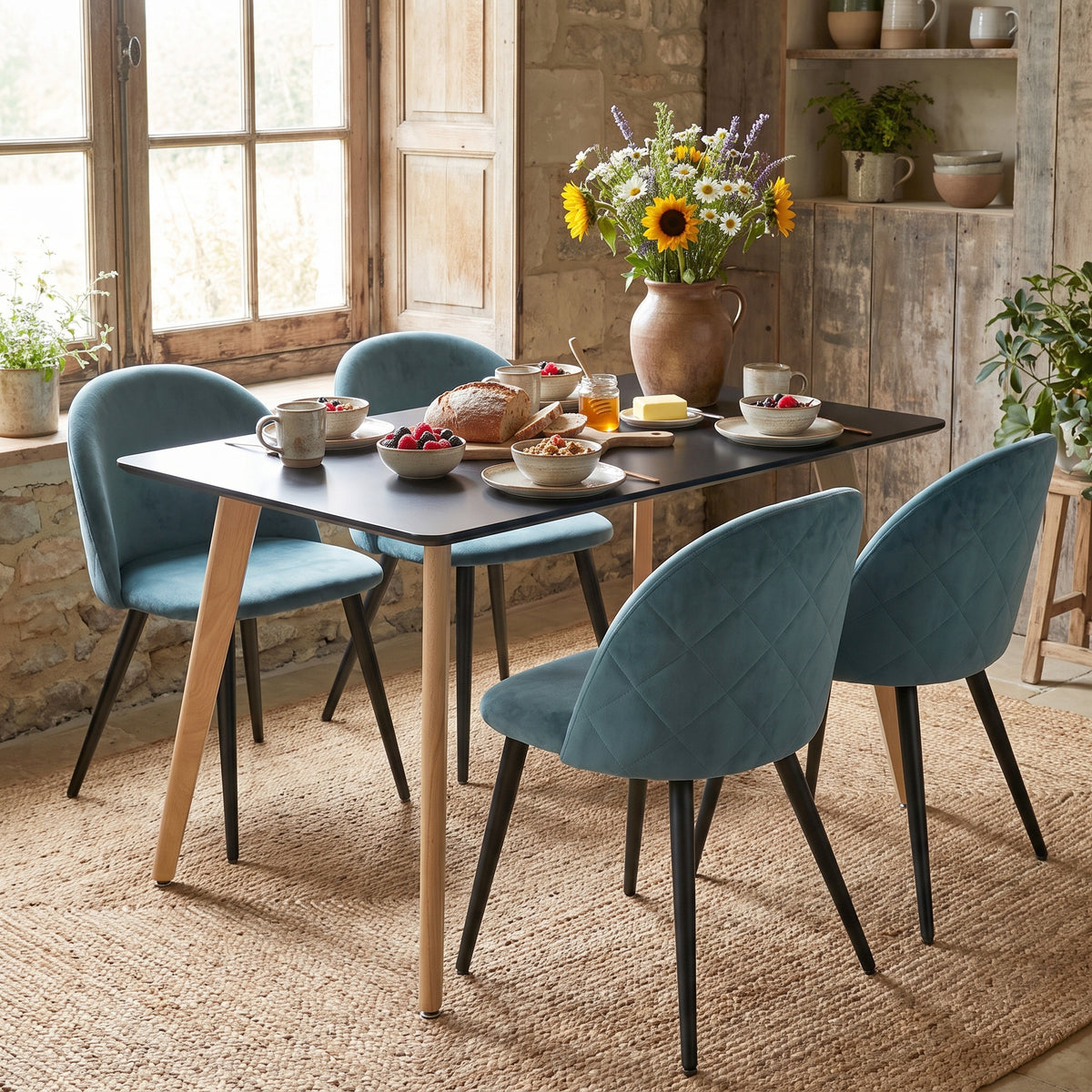 Homy Casa ROOKIE S+ZOMBA 5-Piece Dining Set, 43.3" Black Table with 4 Green Terry Fabric Chairs Open Box