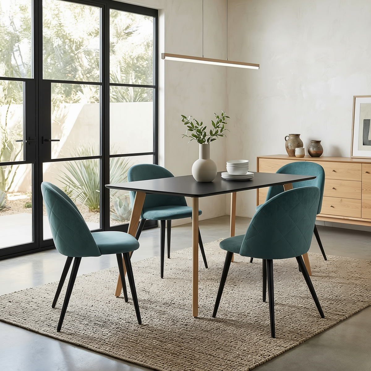 Homy Casa ROOKIE S+ZOMBA 5-Piece Dining Set, 43.3" Black Table with 4 Green Terry Fabric Chairs Open Box