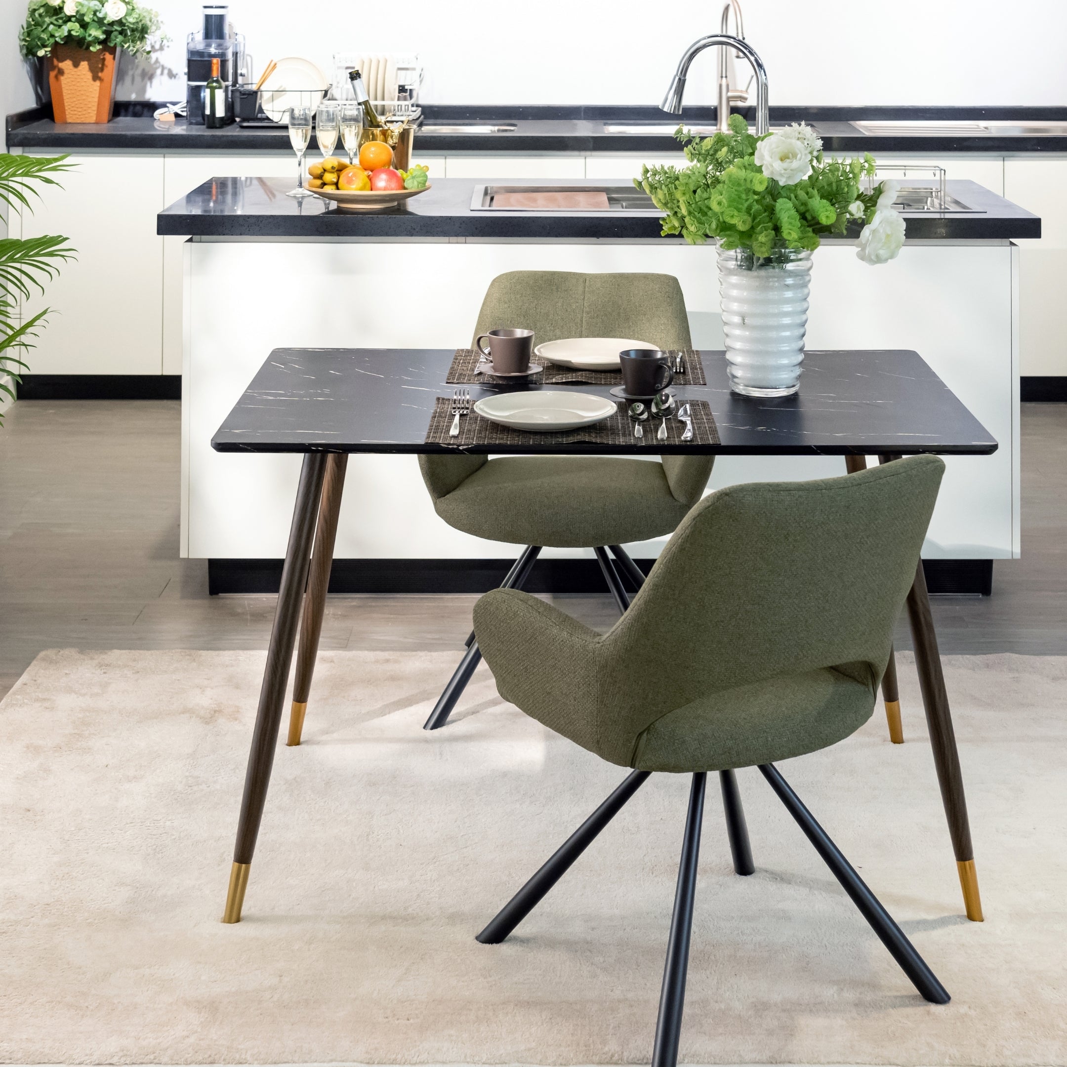 Homy Casa Rosa 55” Black Rectangular Wooden Dining Table in Marble Top Finish