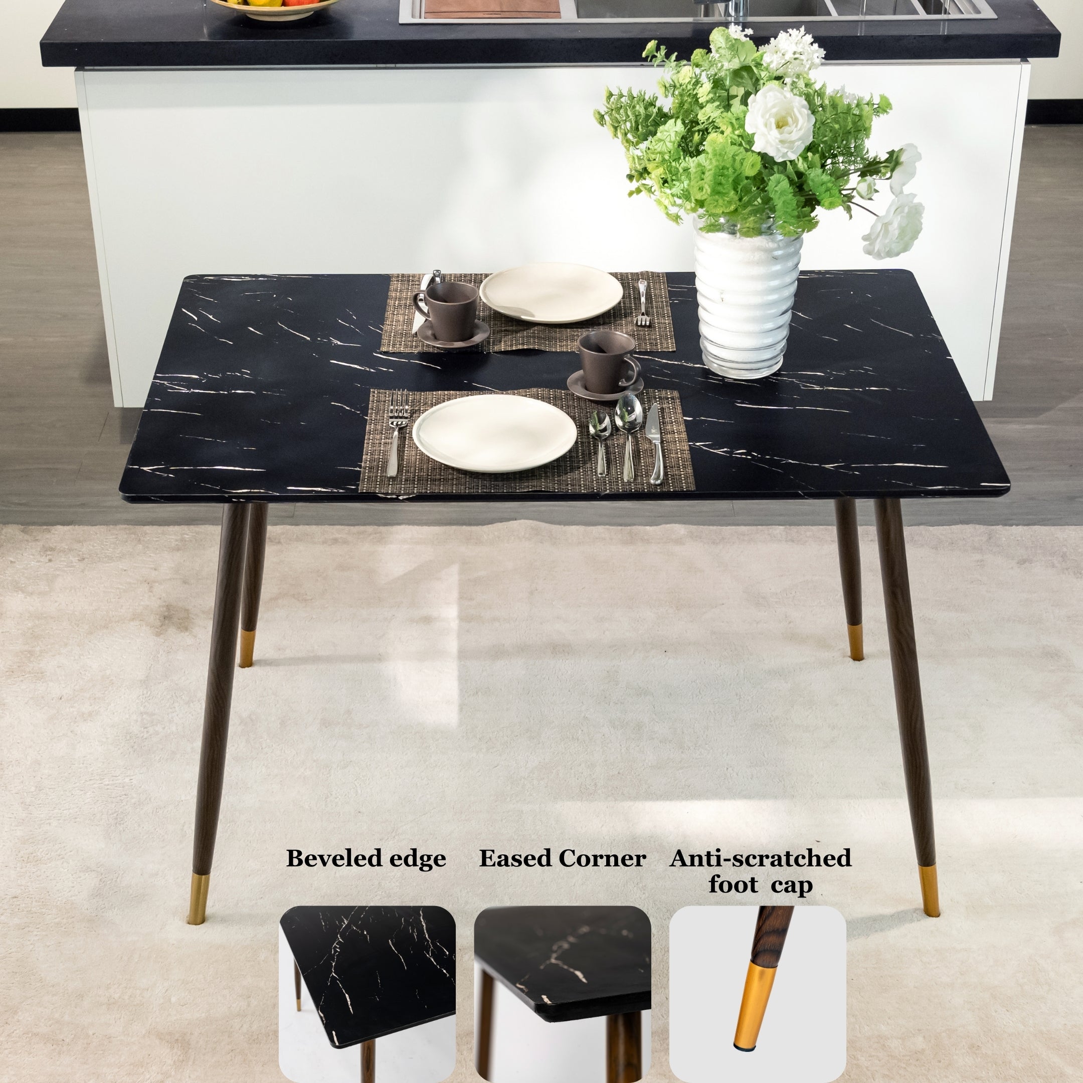 Homy Casa Rosa 55” Black Rectangular Wooden Dining Table in Marble Top Finish