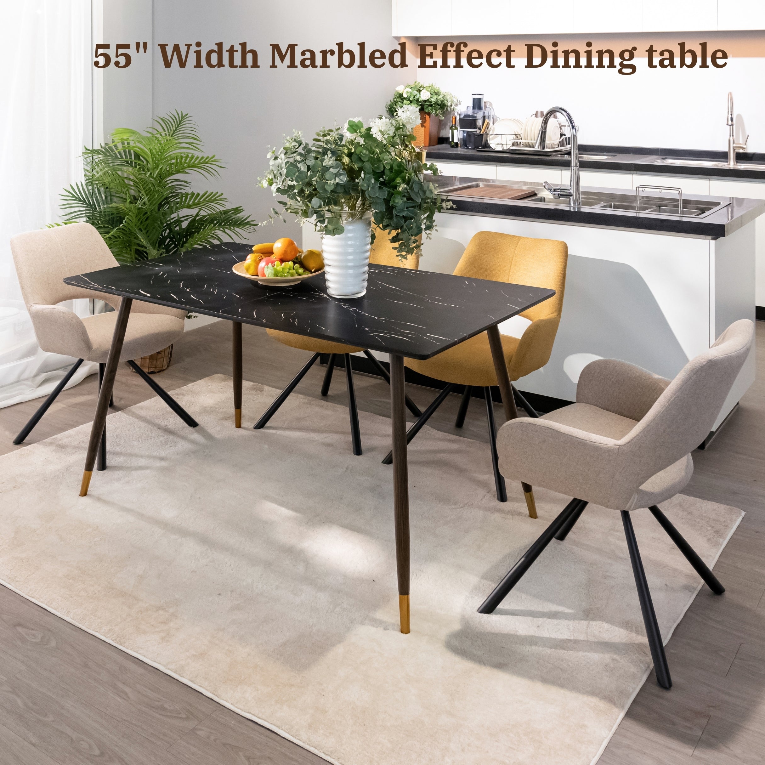 Homy Casa Rosa 55” Black Rectangular Wooden Dining Table in Marble Top Finish
