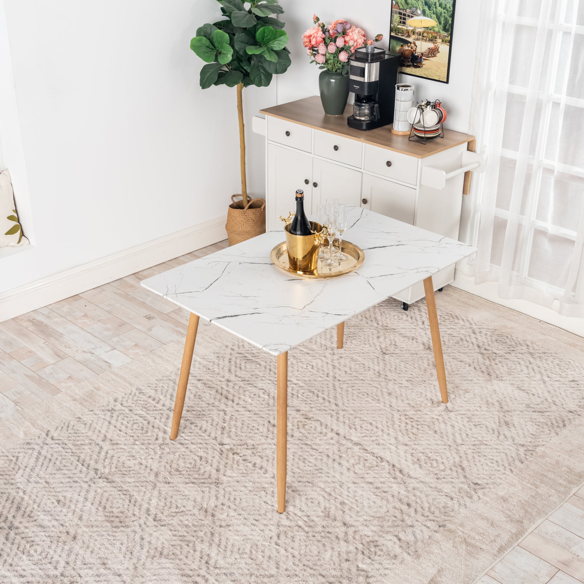 Homy Casa Rosa 5PC Dining Set 47” Rectangular White Marble Dining Table with 4 Sunflower Beige Dining Chair