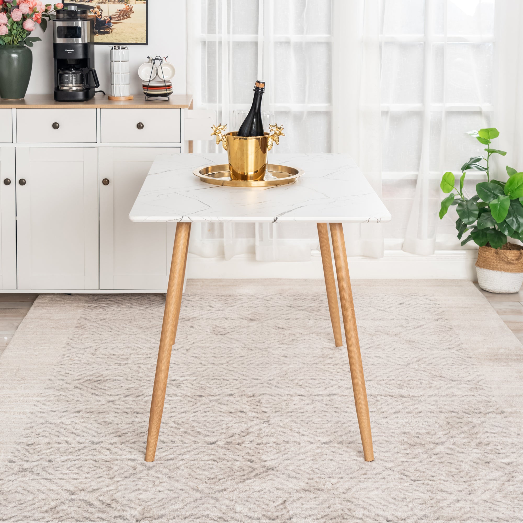 Homy Casa Rosa 5PC Dining Set 47” Rectangular White Marble Dining Table with 4 Sunflower Beige Dining Chair
