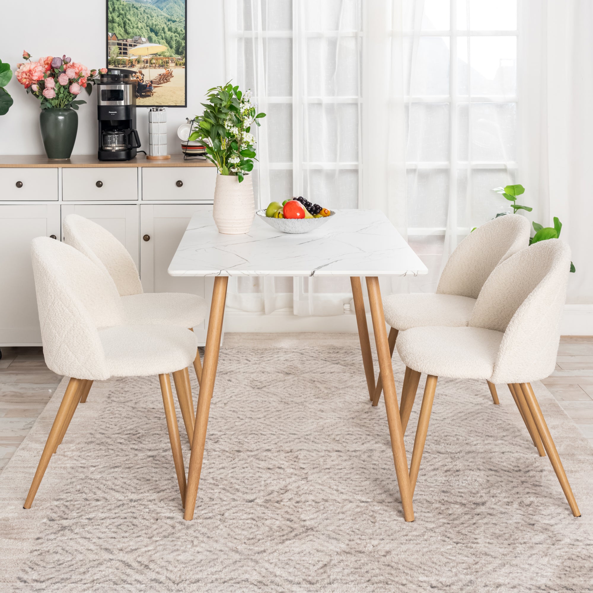 Homy Casa Rosa 47” White Rectangular Wooden Dining Table in Marble Top Finish