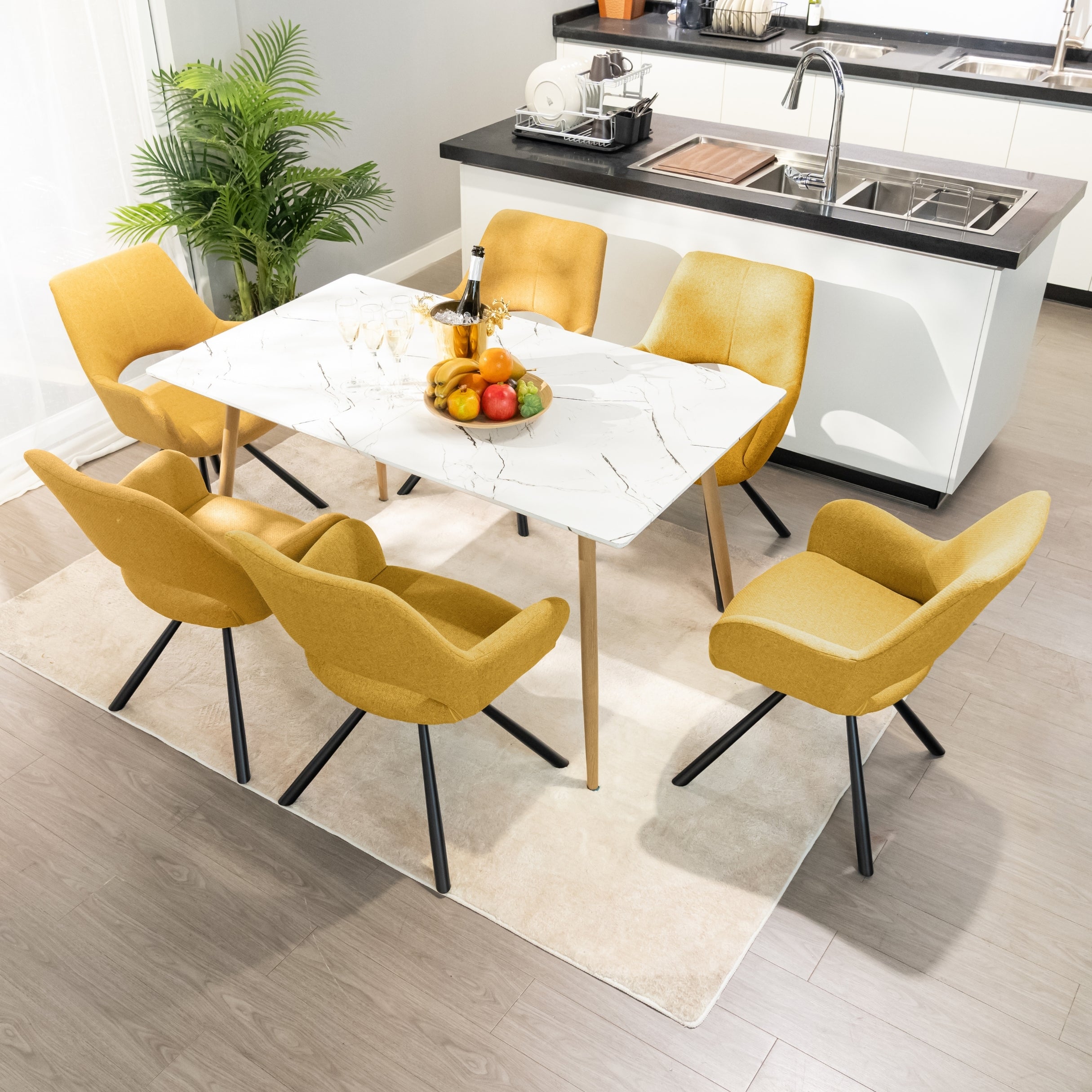 Homy Casa Rosa 55” White Rectangular Wooden Dining Table in Marble Top Finish
