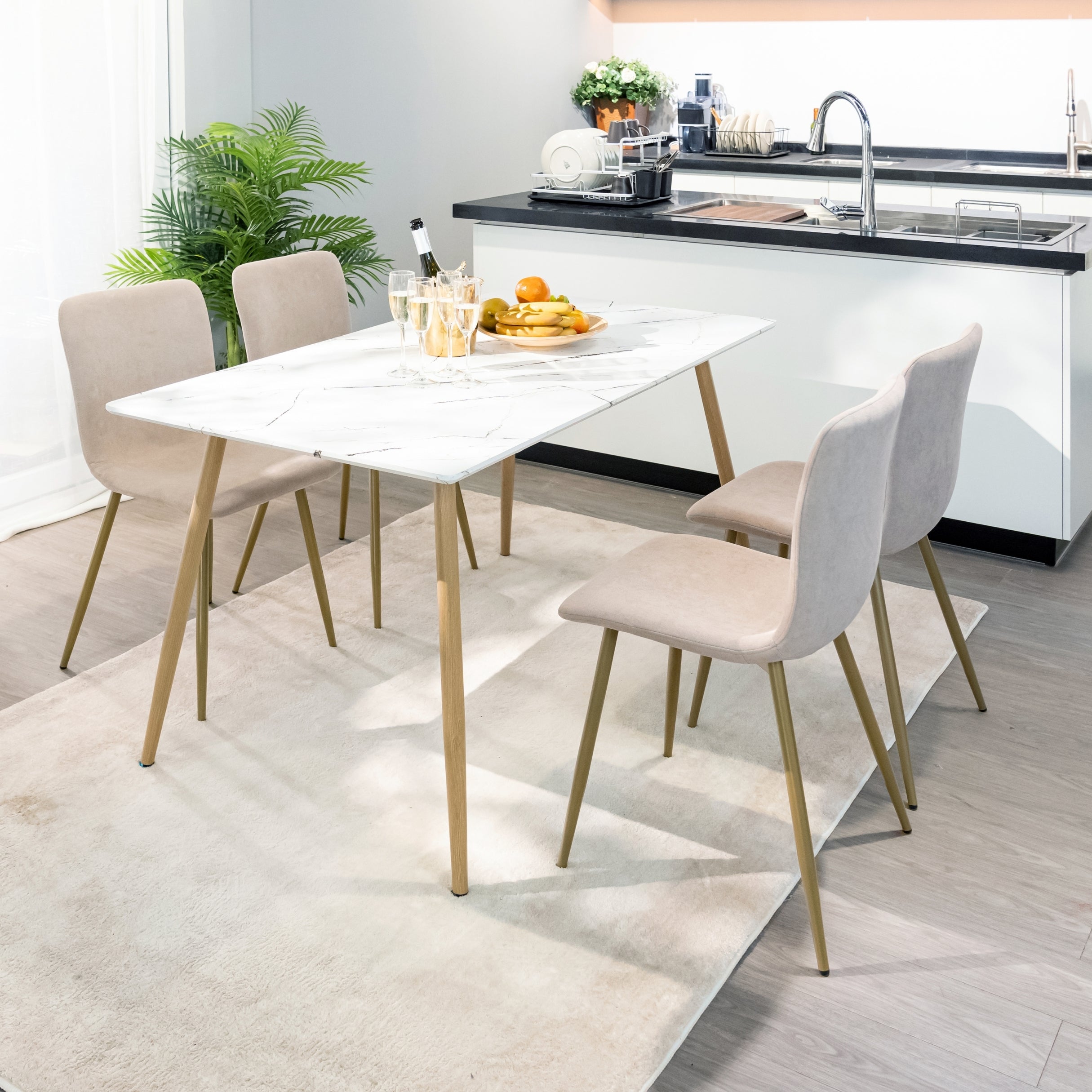 Homy Casa Rosa 55” White Rectangular Wooden Dining Table in Marble Top Finish