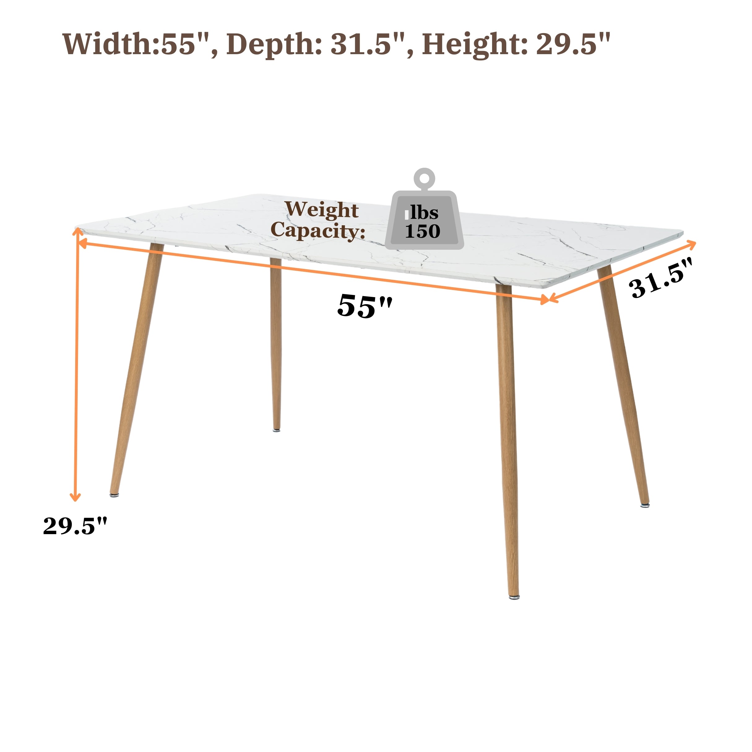 Homy Casa Rosa 55” White Rectangular Wooden Dining Table in Marble Top Finish