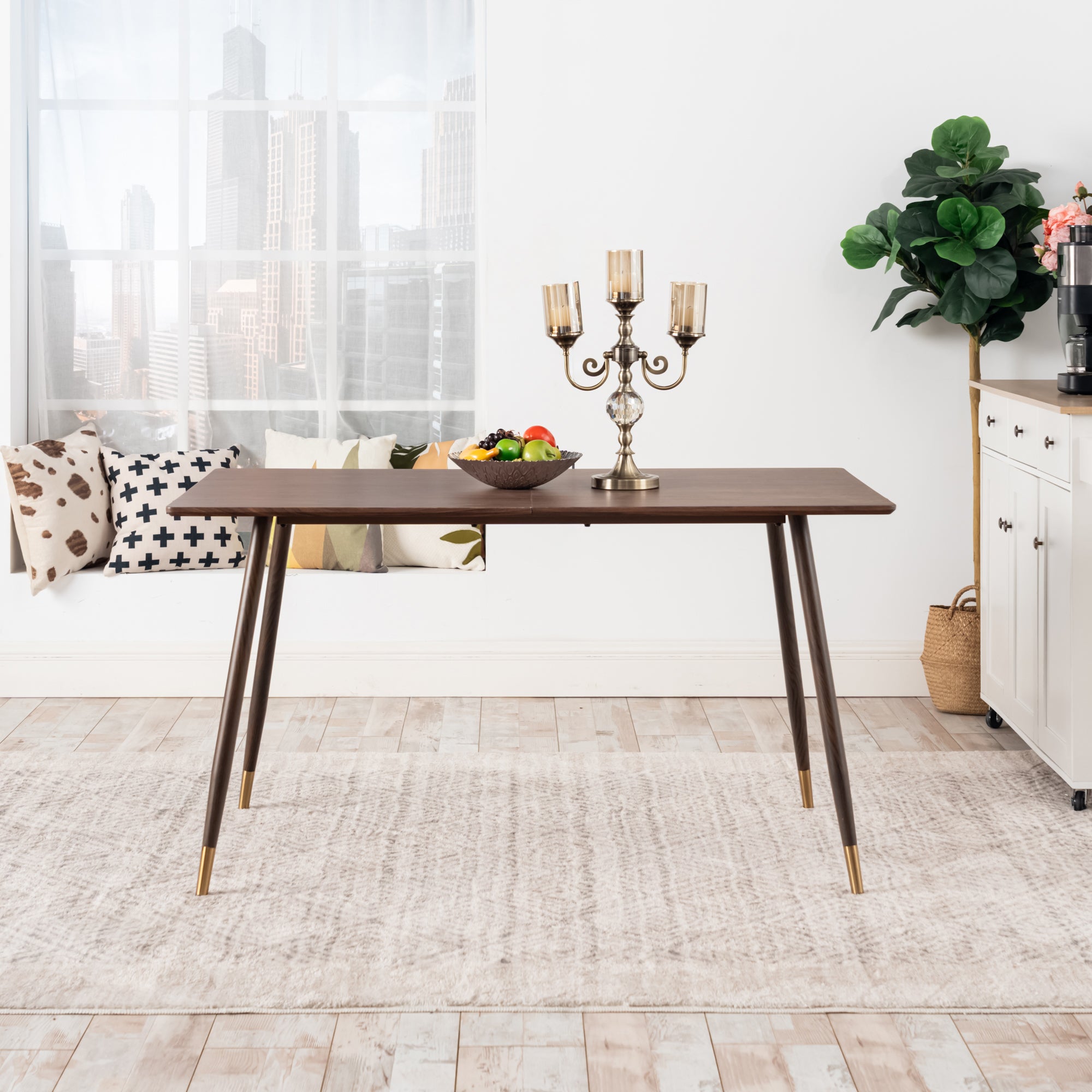 Homy Casa Rosa 5PC Dining Set 47” Rectangular Walnut Wooden Dining Table with 4 Charlton Suede Brown Dining Chair