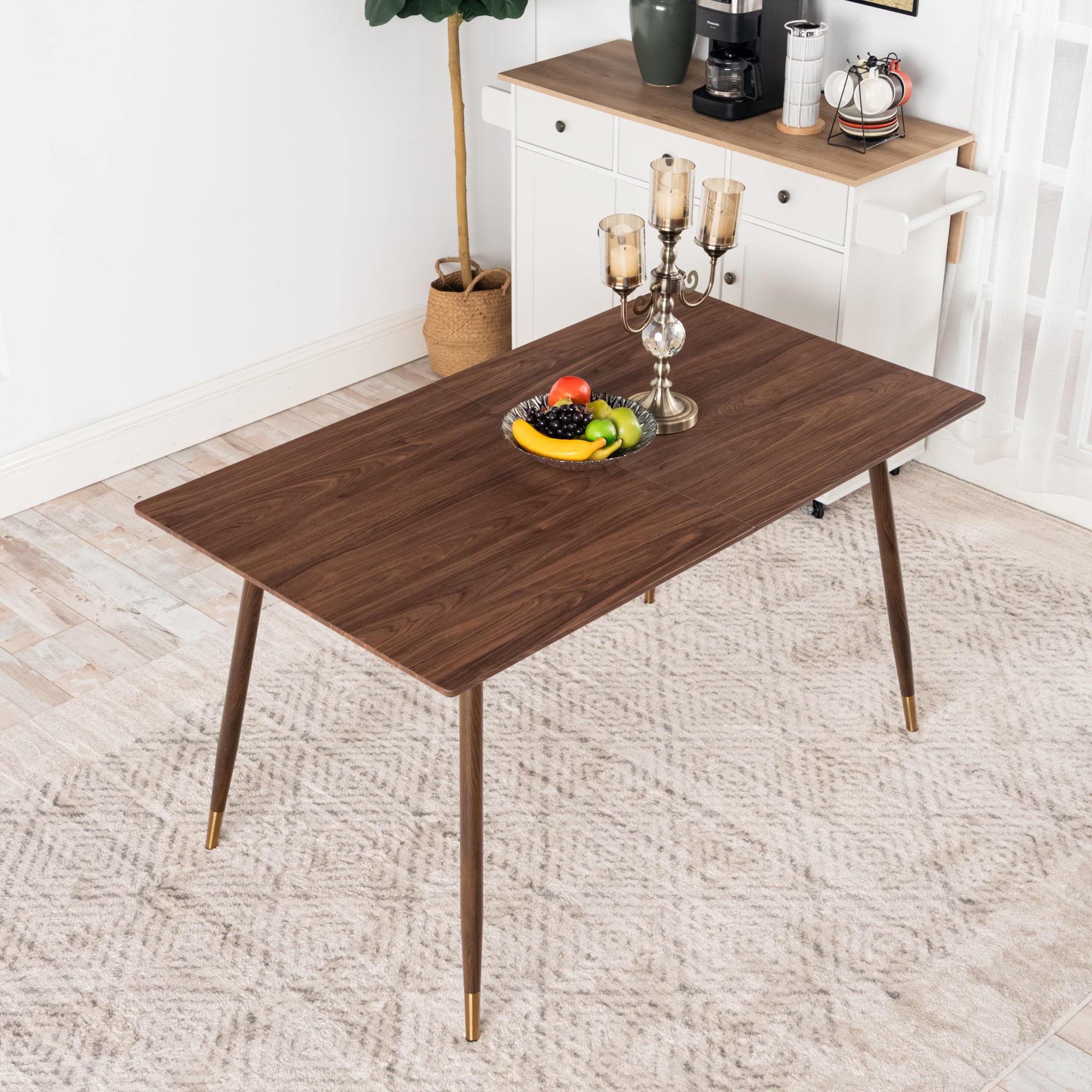 Homy Casa Rosa 5PC Dining Set 47” Rectangular Walnut Wooden Dining Table with 4 Charlton Suede Brown Dining Chair